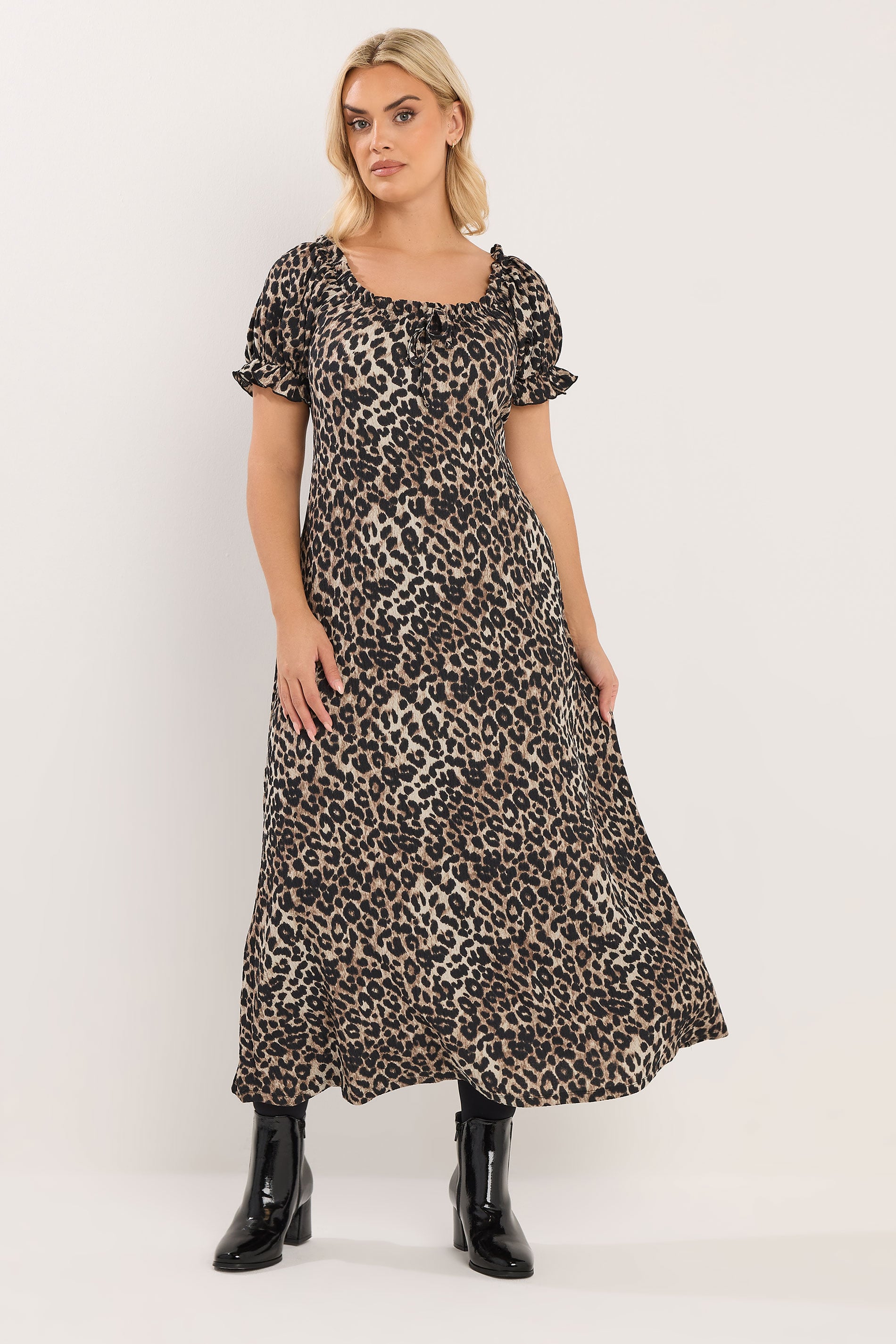 YOURS Plus Size Beige Brown Leopard Print Textured Maxi Dress | Yours Clothing 1
