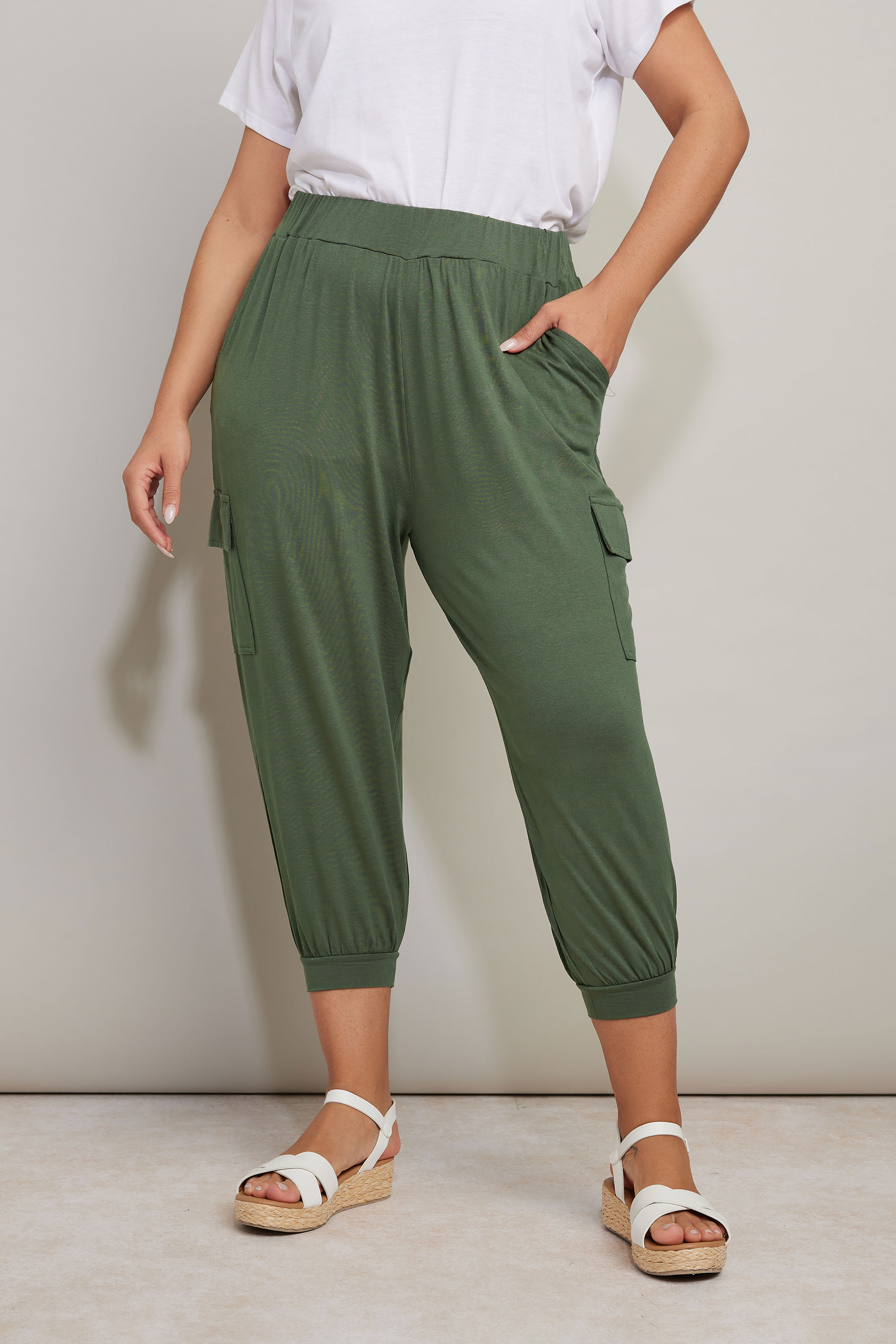 YOURS Plus Size Khaki Green Cropped Cargo Harem Trousers | Yours Clothing 1