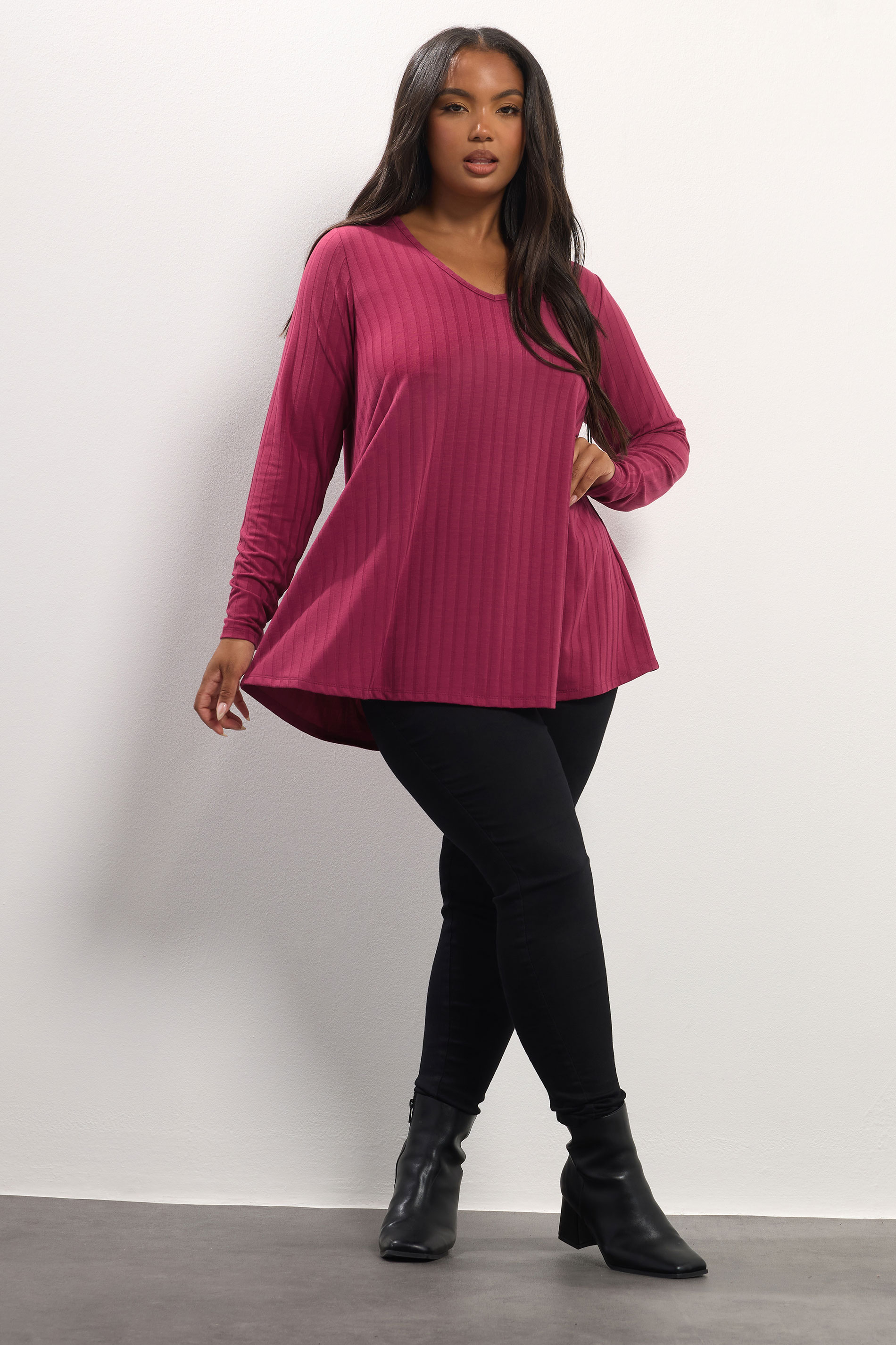 YOURS Plus Size Dark Pink Ribbed Swing T-Shirt | Yours Clothing 1