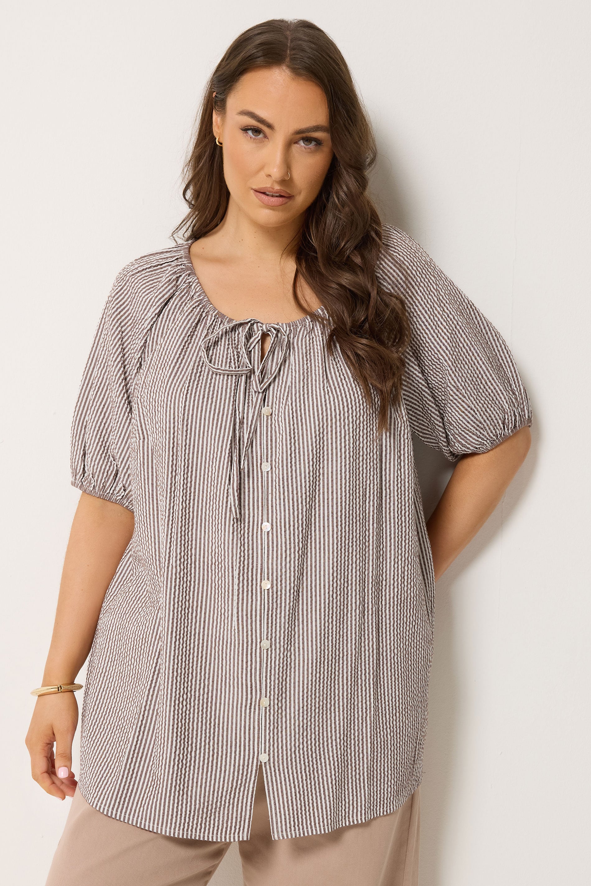 YOURS Plus Size Brown Stripe Print Puff Sleeve Blouse | Yours Clothing 3