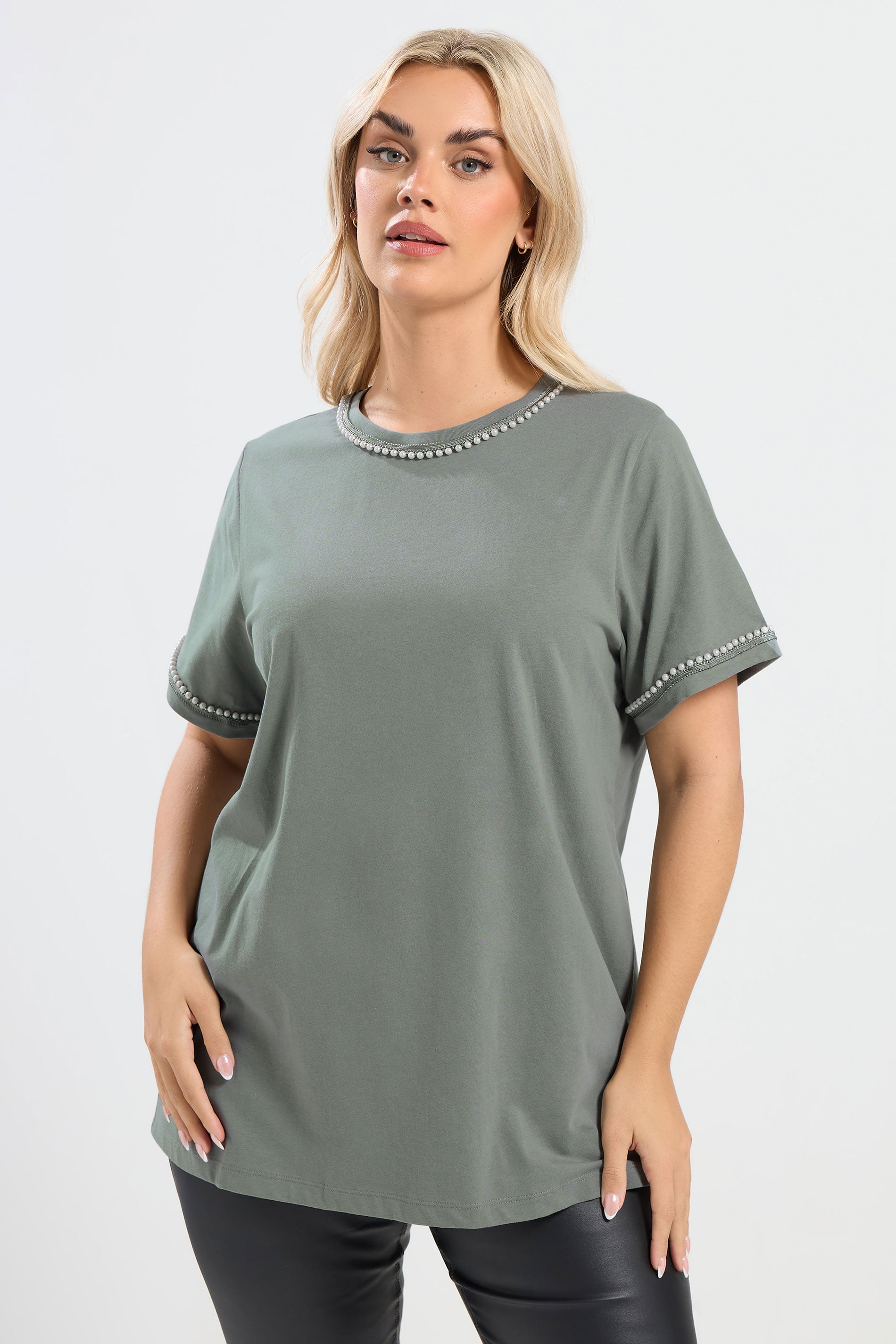YOURS Plus Size Sage Green Pearl Trim T-Shirt | Yours Clothing 3