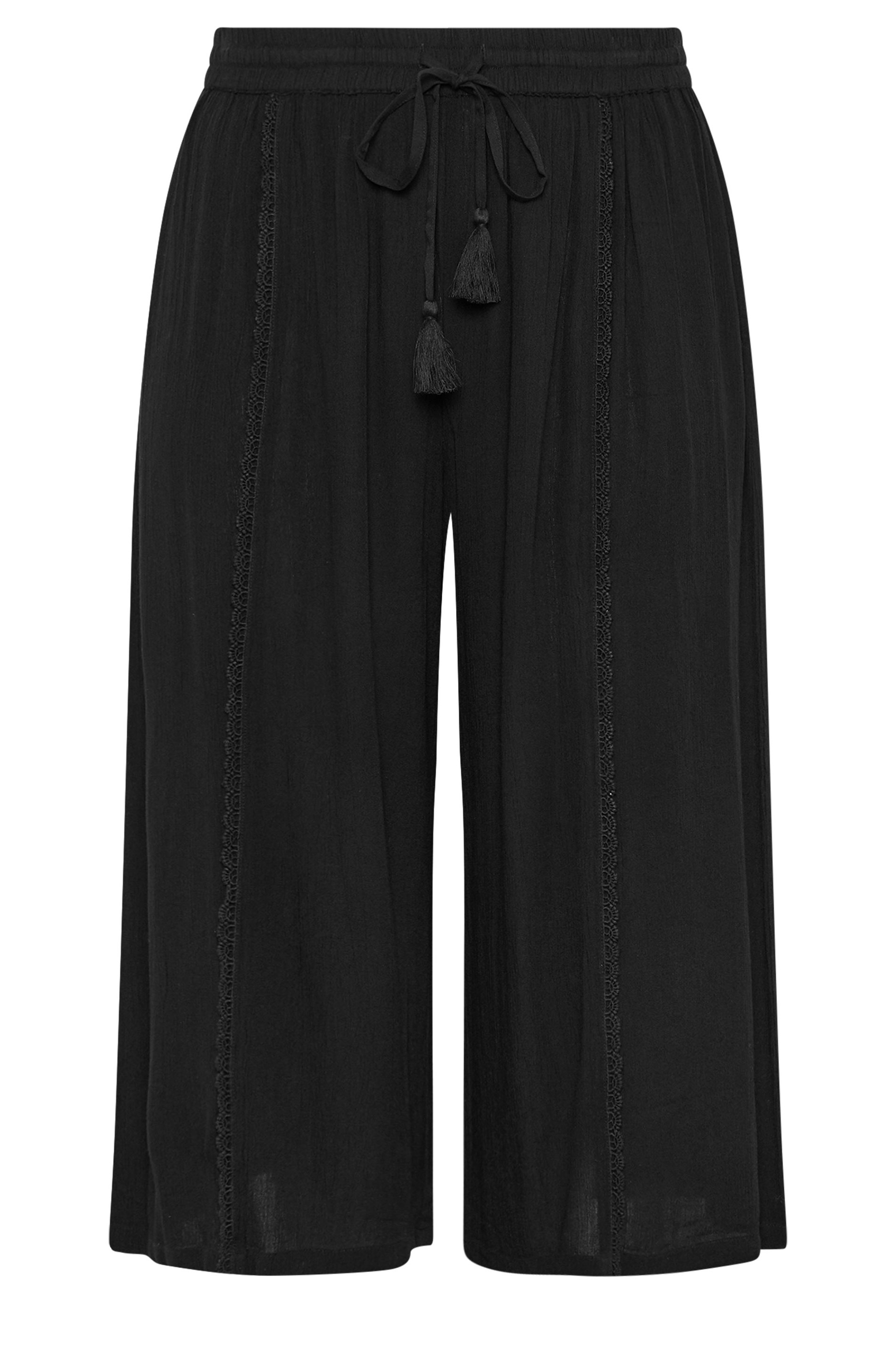 YOURS Plus Size Black Scallop Trim Crinkle Cropped Trousers | Yours Clothing 5