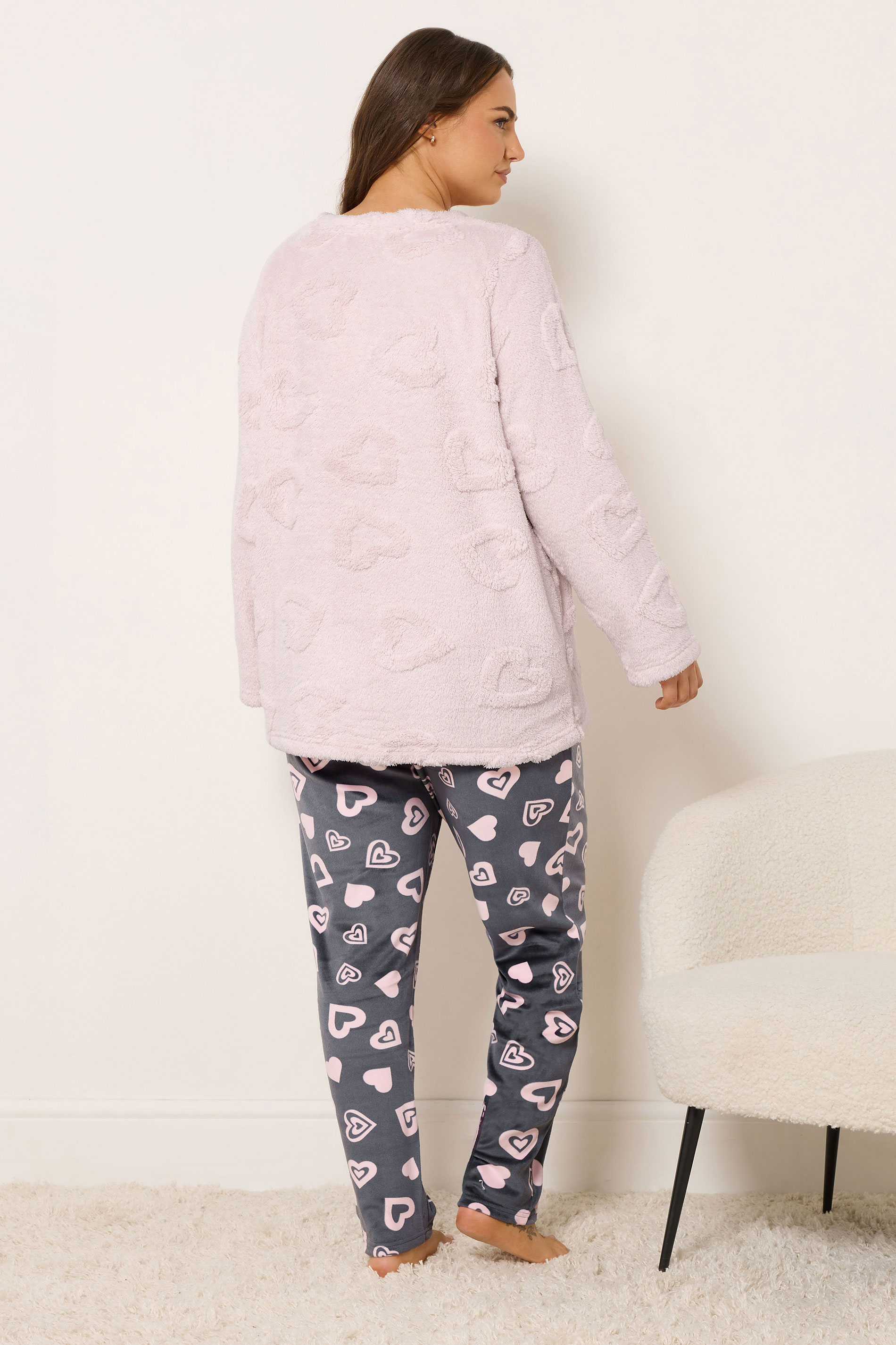 YOURS Plus Size Pink Heart Texture Borg Lounge Set | Yours Clothing 2