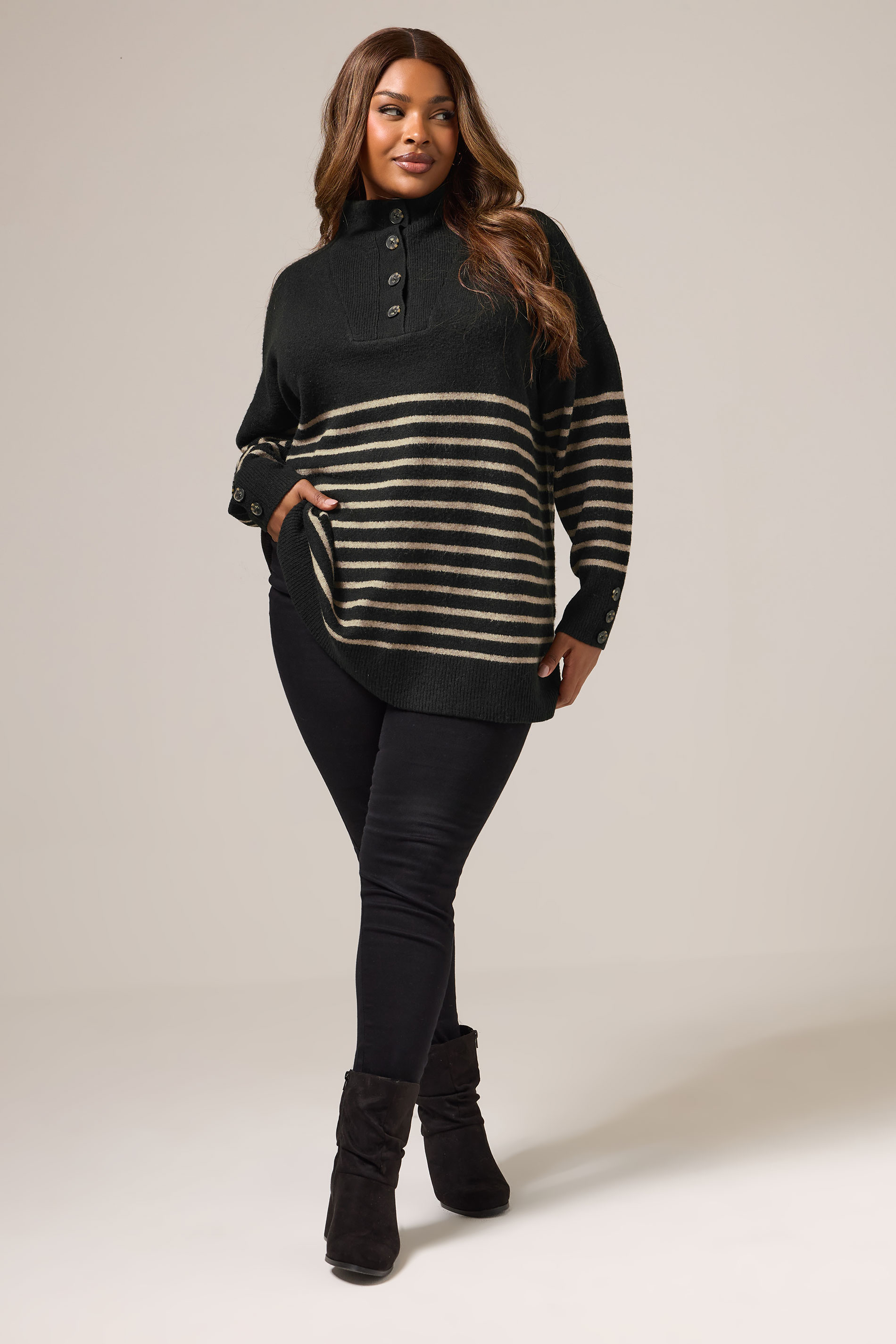 YOURS Plus Size Black & Beige Brown Striped Button Neck Jumper | Yours Clothing 1
