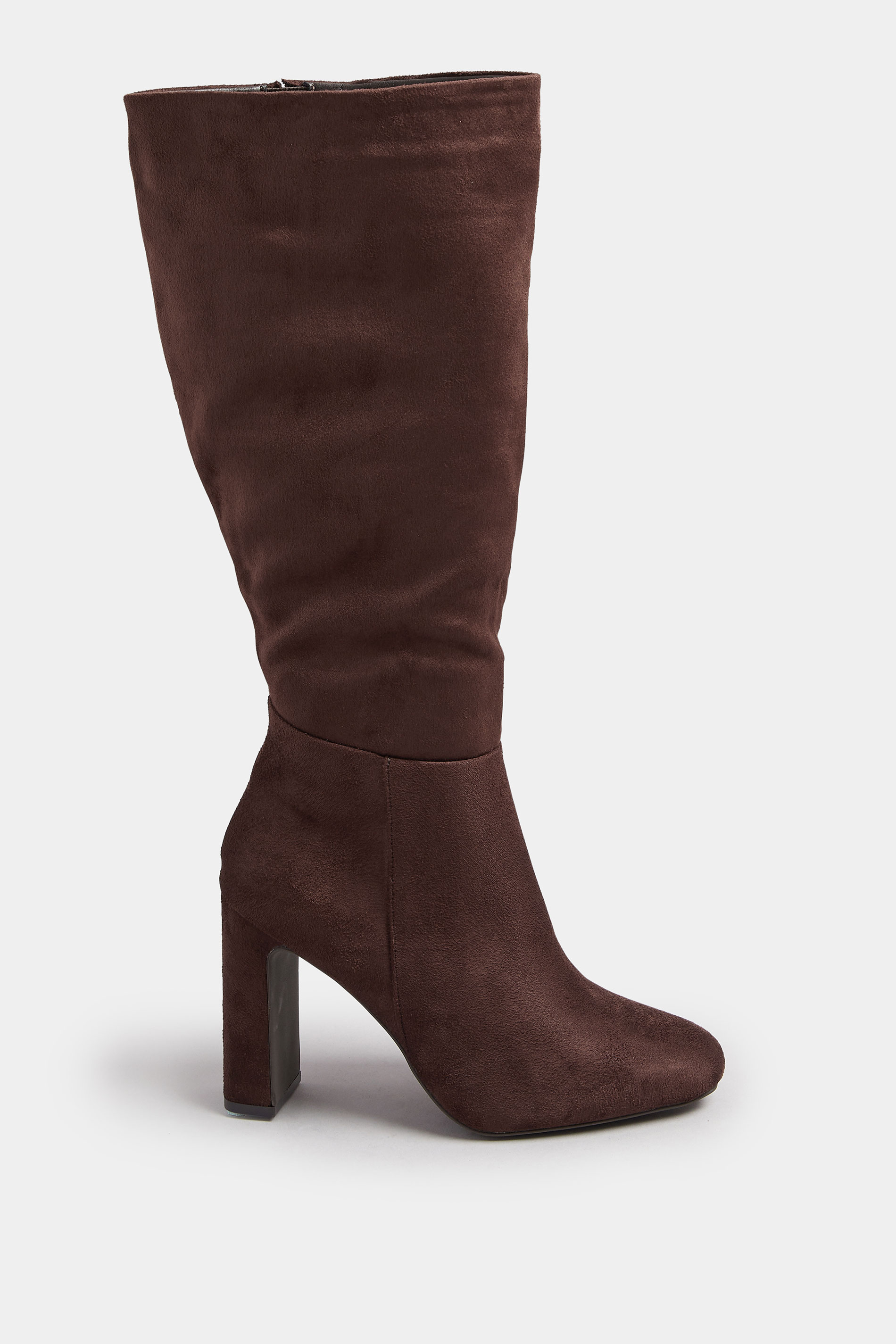 Brown Faux Suede Heeled Knee High Boots In Standard Fit | Yours Clothing 2