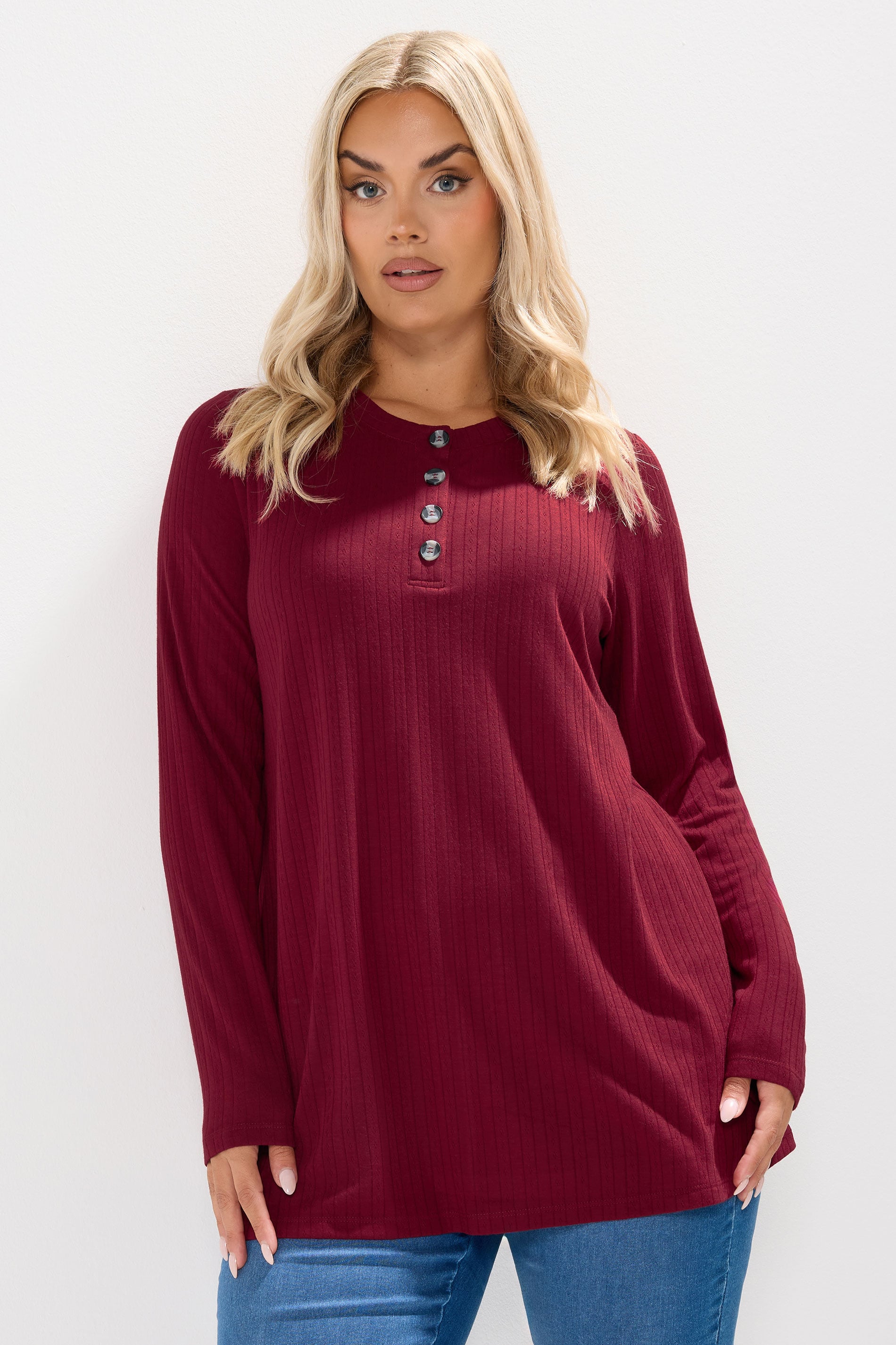 YOURS Plus Size Burgundy Red Henley Swing Top | Yours Clothing 3