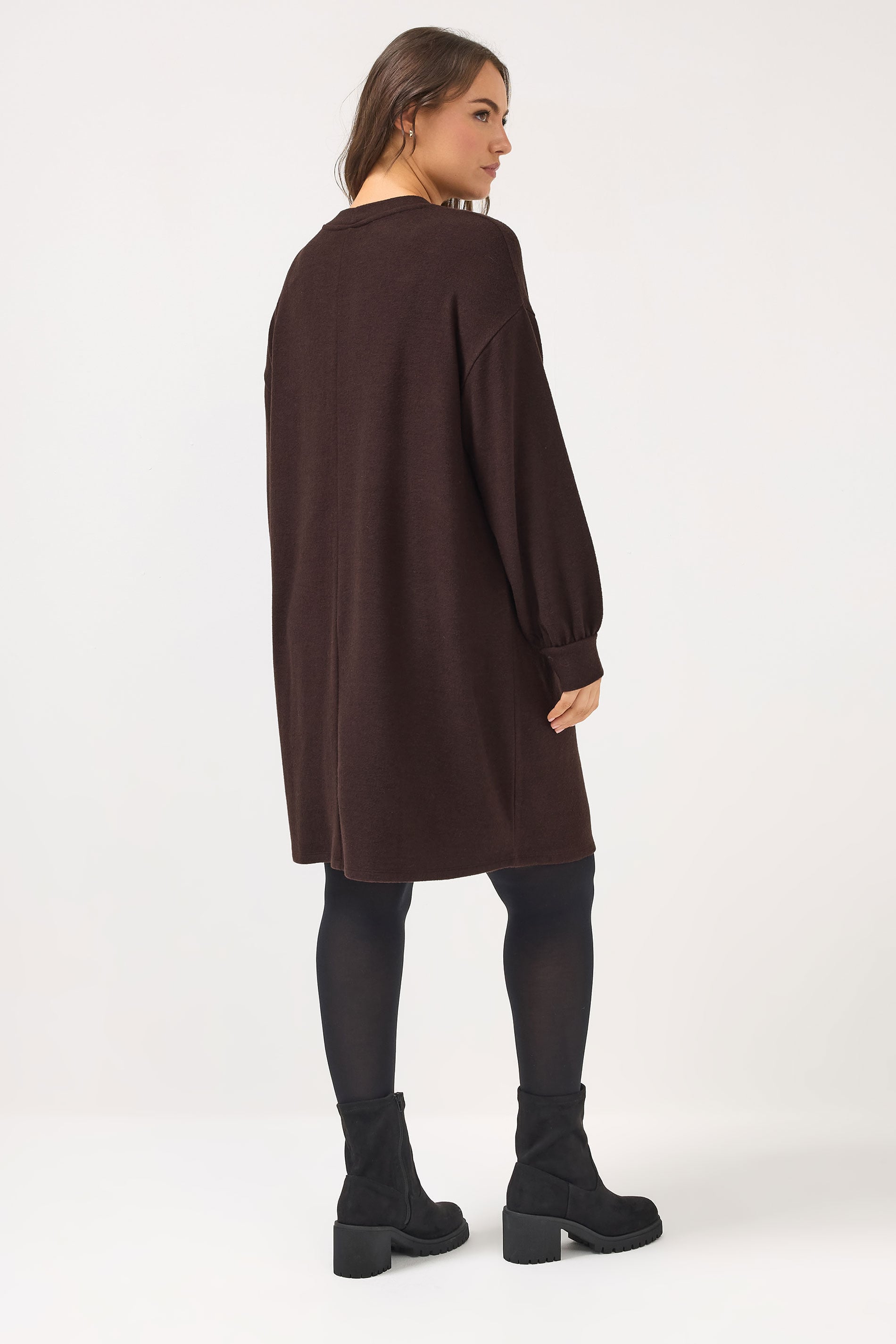 YOURS Plus Size Chocolate Brown Balloon Sleeve Sweatshirt Dress | Yours Clothing 2