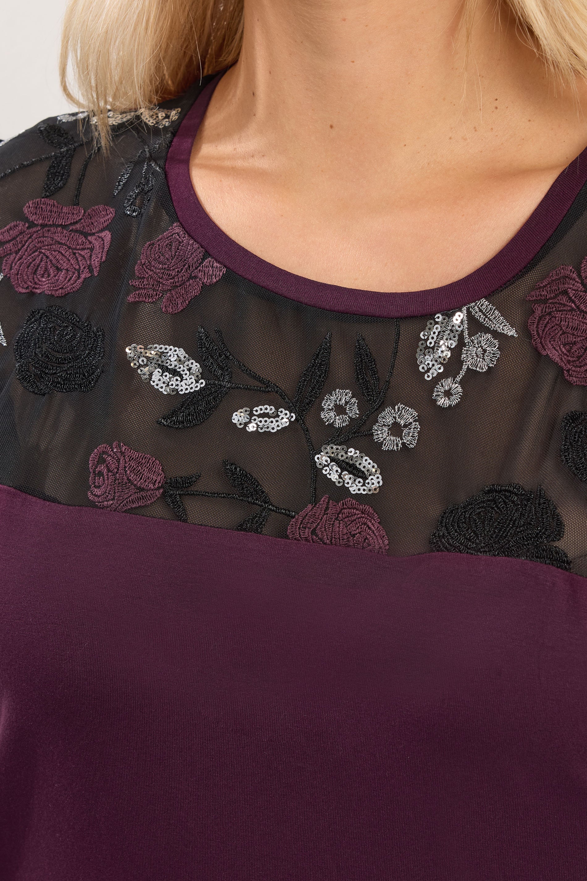 YOURS Plus Size Burgundy Red Mesh Embellished Swing Top | Yours Clothing  4