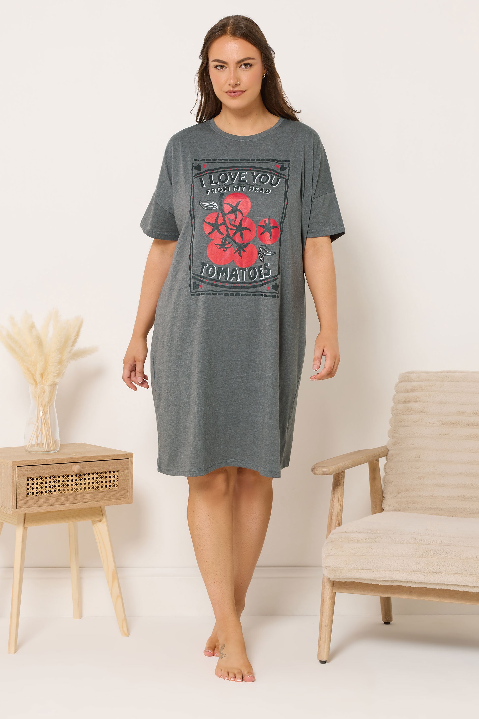 YOURS Plus Size Grey 'I Love You From My Head Tomatoes' Nightdress | Yours Clothing 1