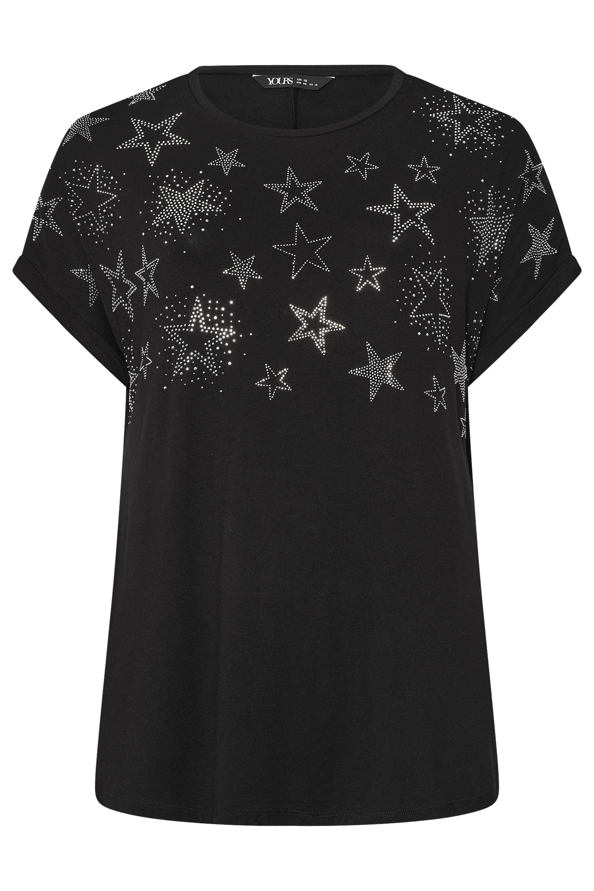 YOURS Curve Black Star Stud Embellished T-Shirt | Yours Clothing 5