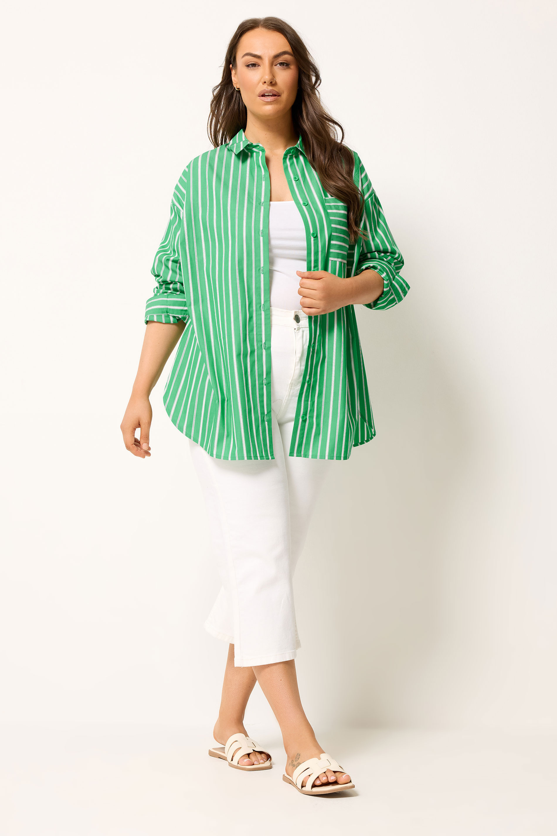 YOURS Plus Size Green & White Striped Shirt | Yours Clothing 2
