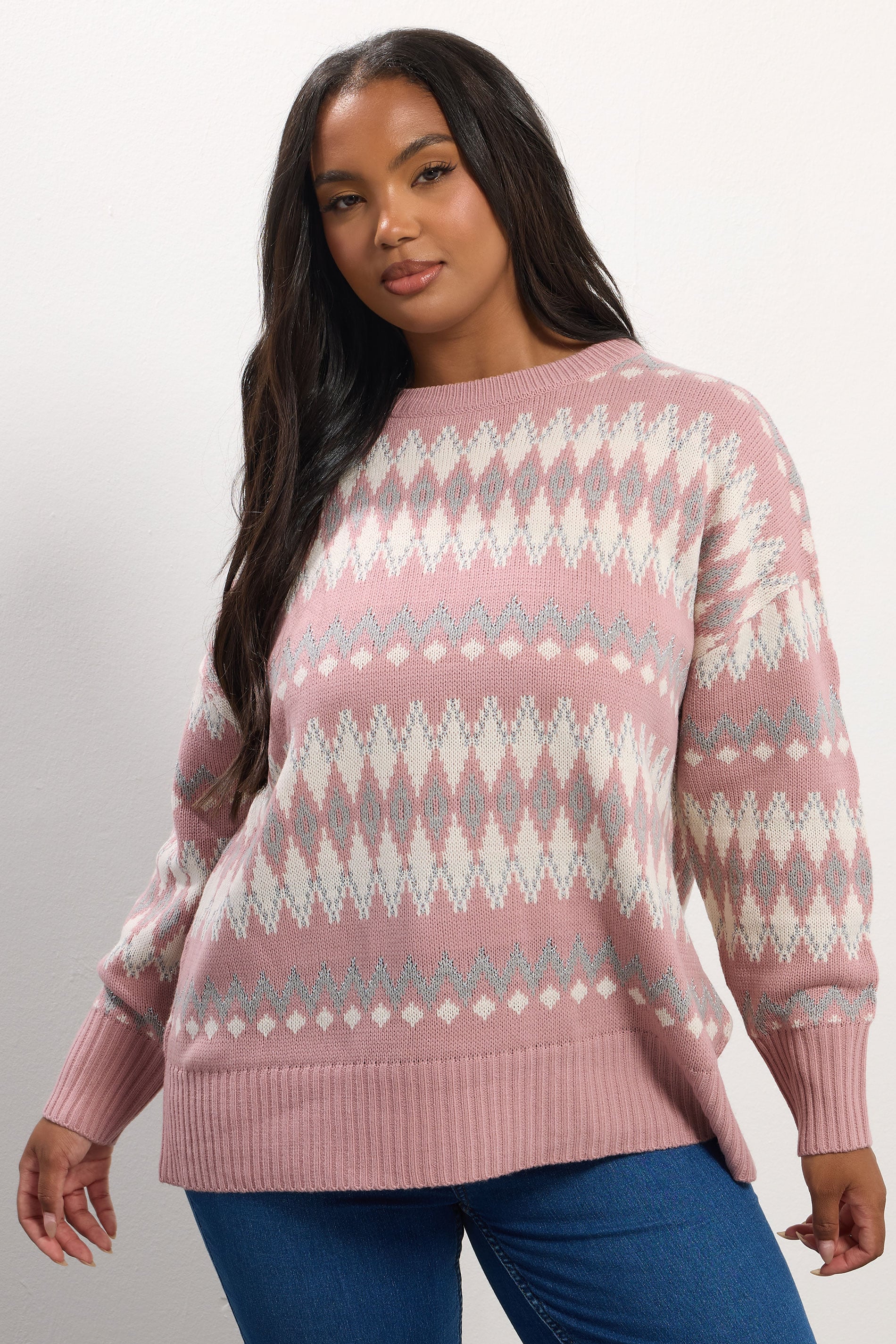 YOURS Plus Size Pink Fairisle Metallic Jumper | Yours Clothing 3