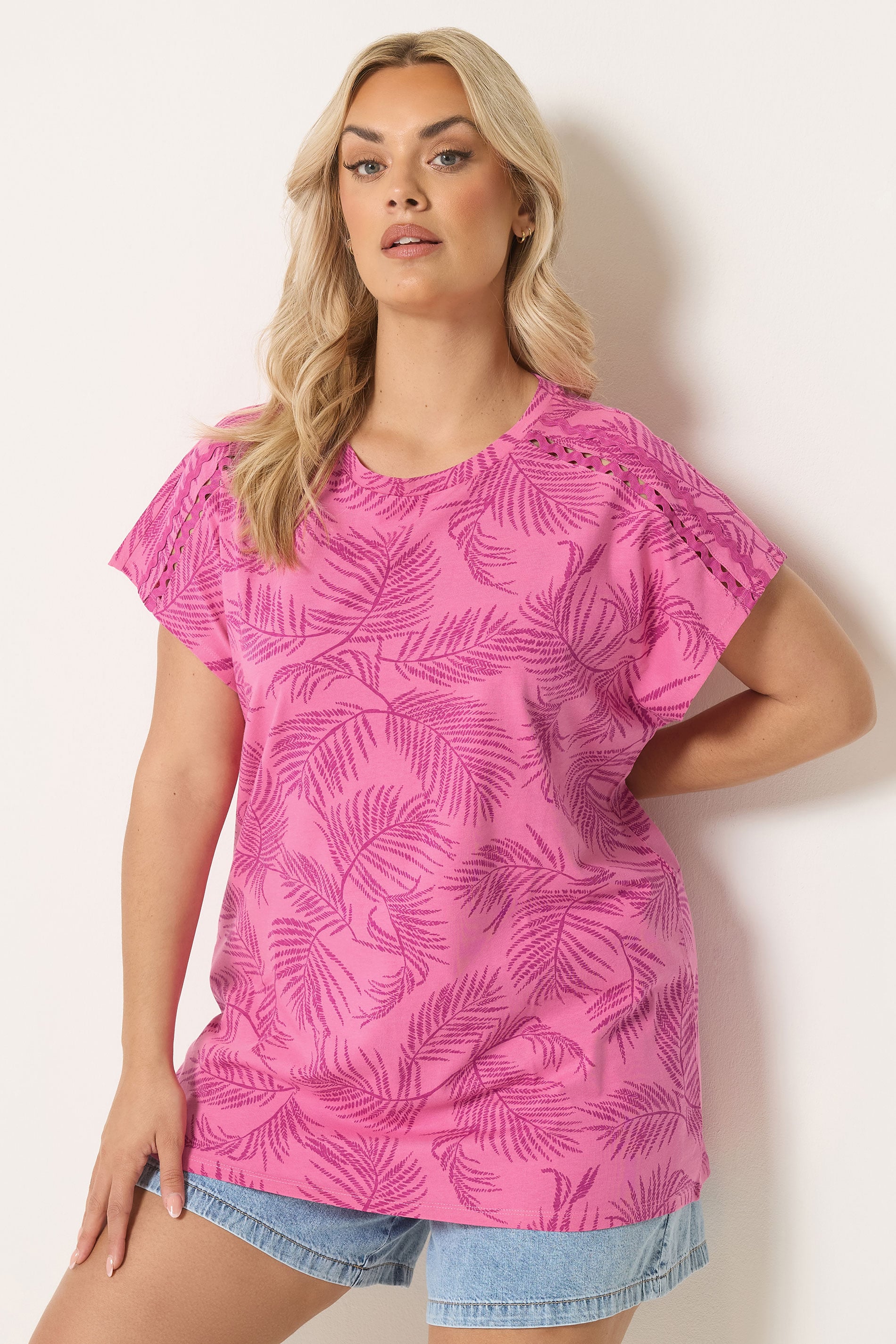YOURS Plus Size Pink Palm Tree Trim Detail T-Shirt | Yours Clothing 3