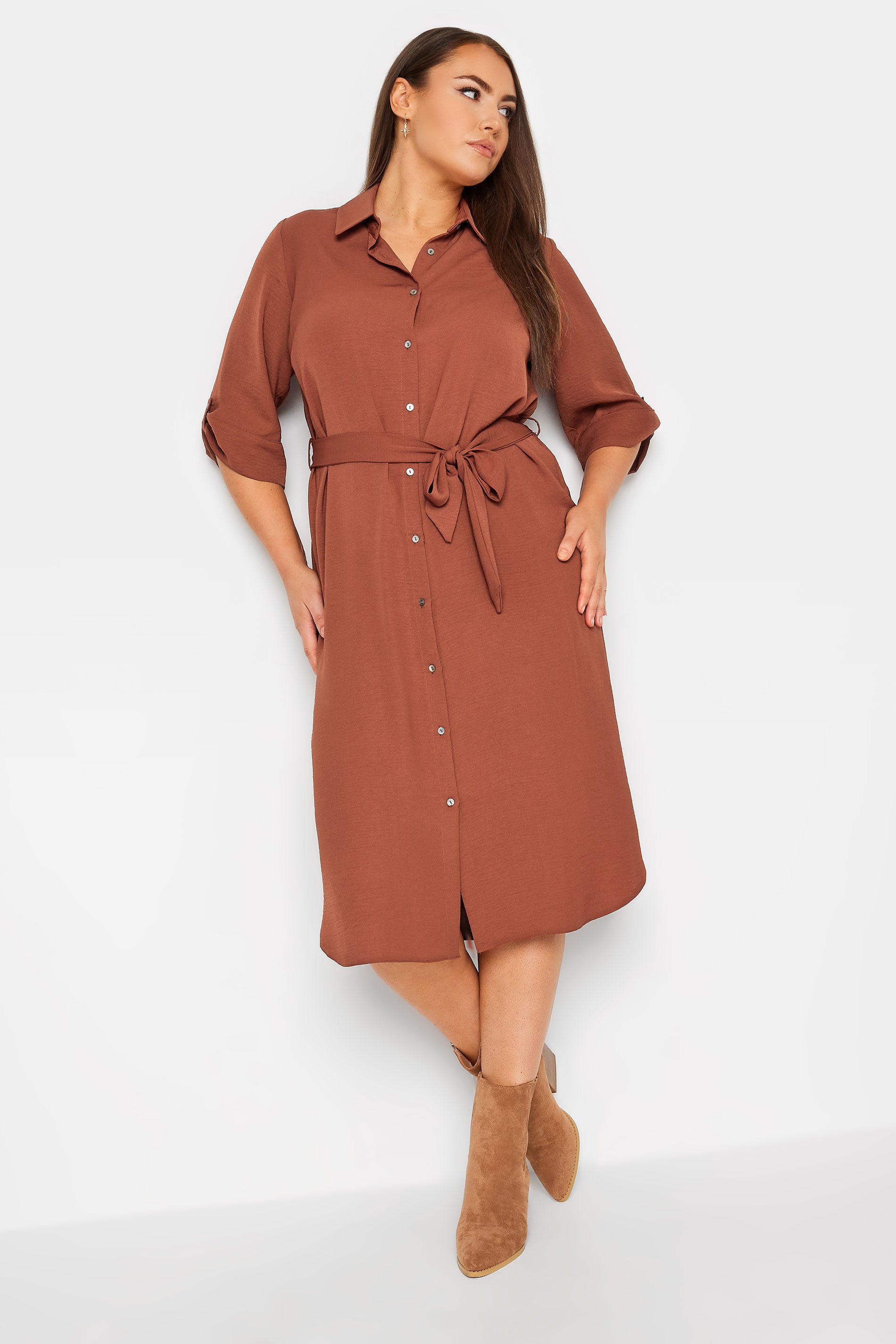 YOURS Plus Size Brown Midi Shirt Dress | Yours Clothing 2