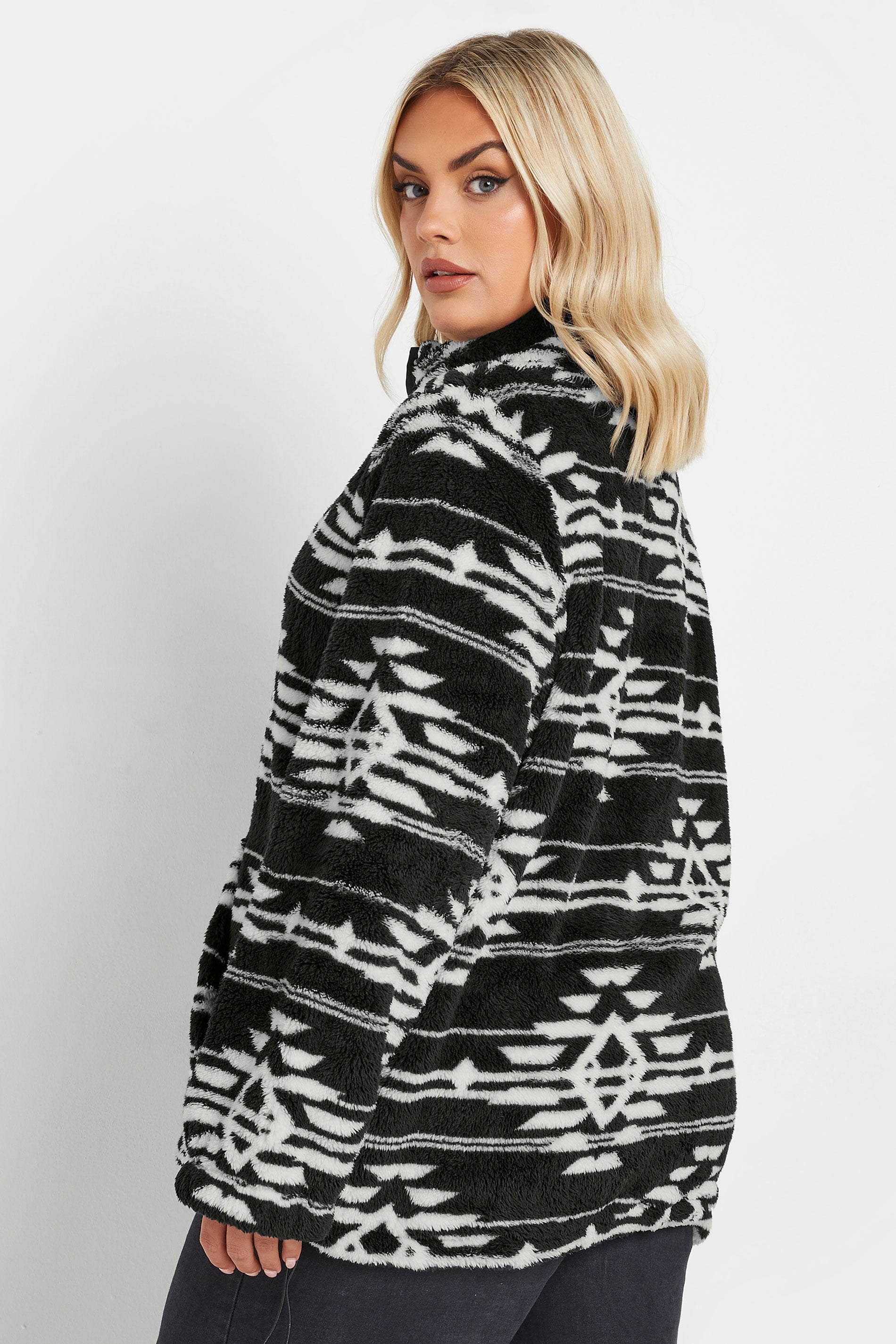 YOURS Plus Size Black & White Aztec Print Fleece | Yours Clothing  2