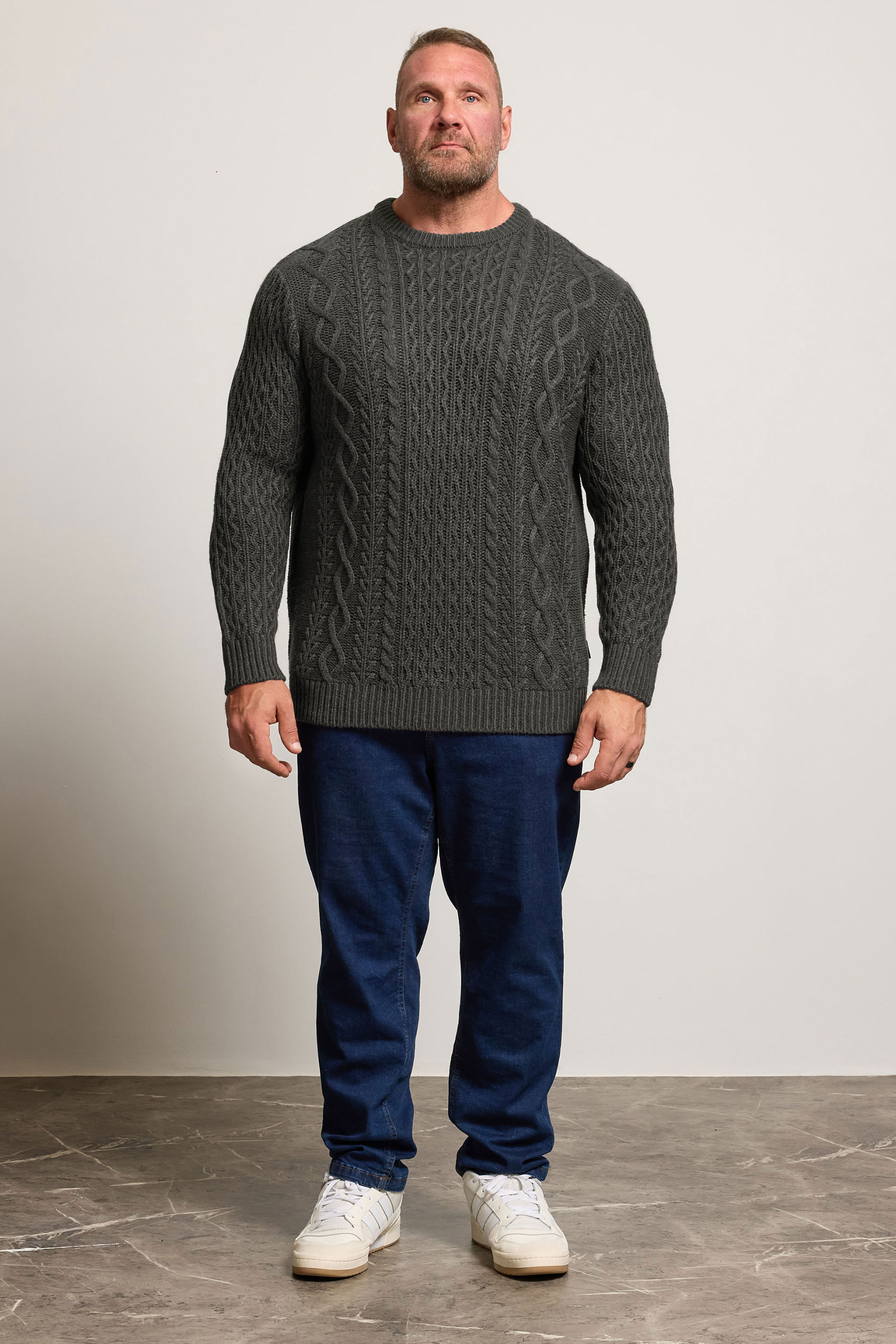 BadRhino Big & Tall Charcoal Grey Crew Neck Cable Knit Jumper | BadRhino 1