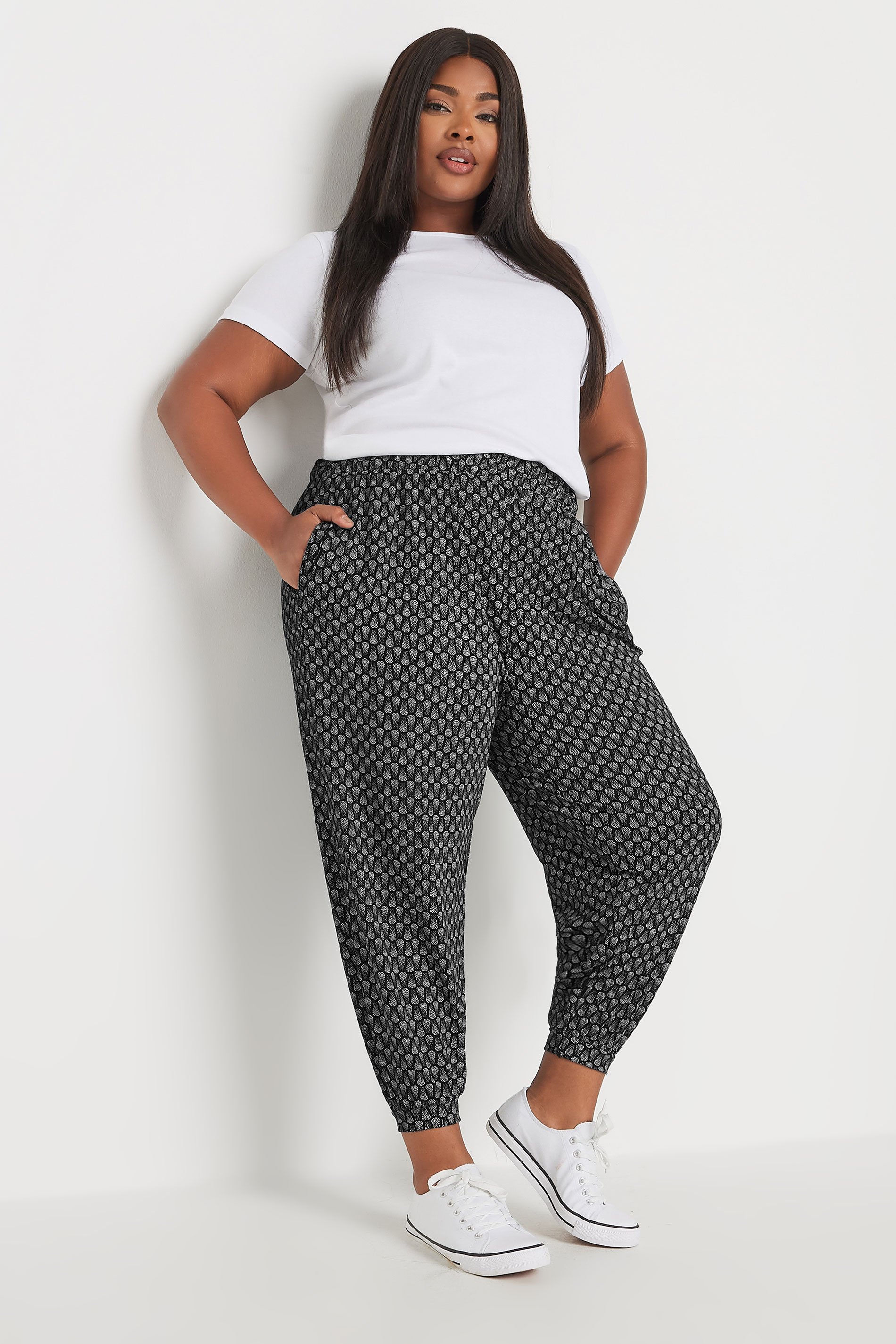 YOURS Plus Size Black Abstract Print Cropped Harem Joggers | Yours Clothing 2