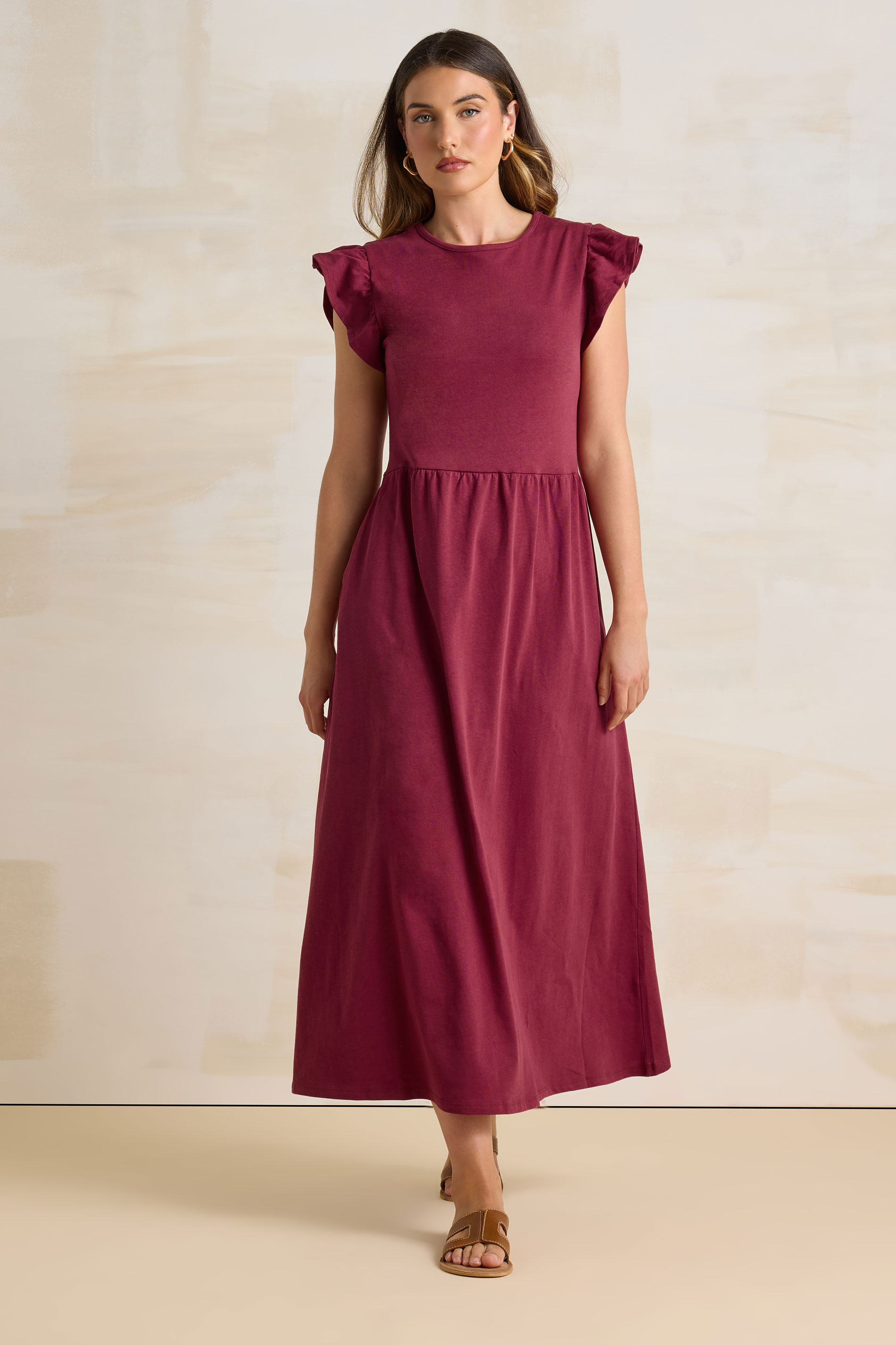 LTS Tall Dark Red Frill Sleeve Cotton Maxi Dress | Long Tall Sally 2