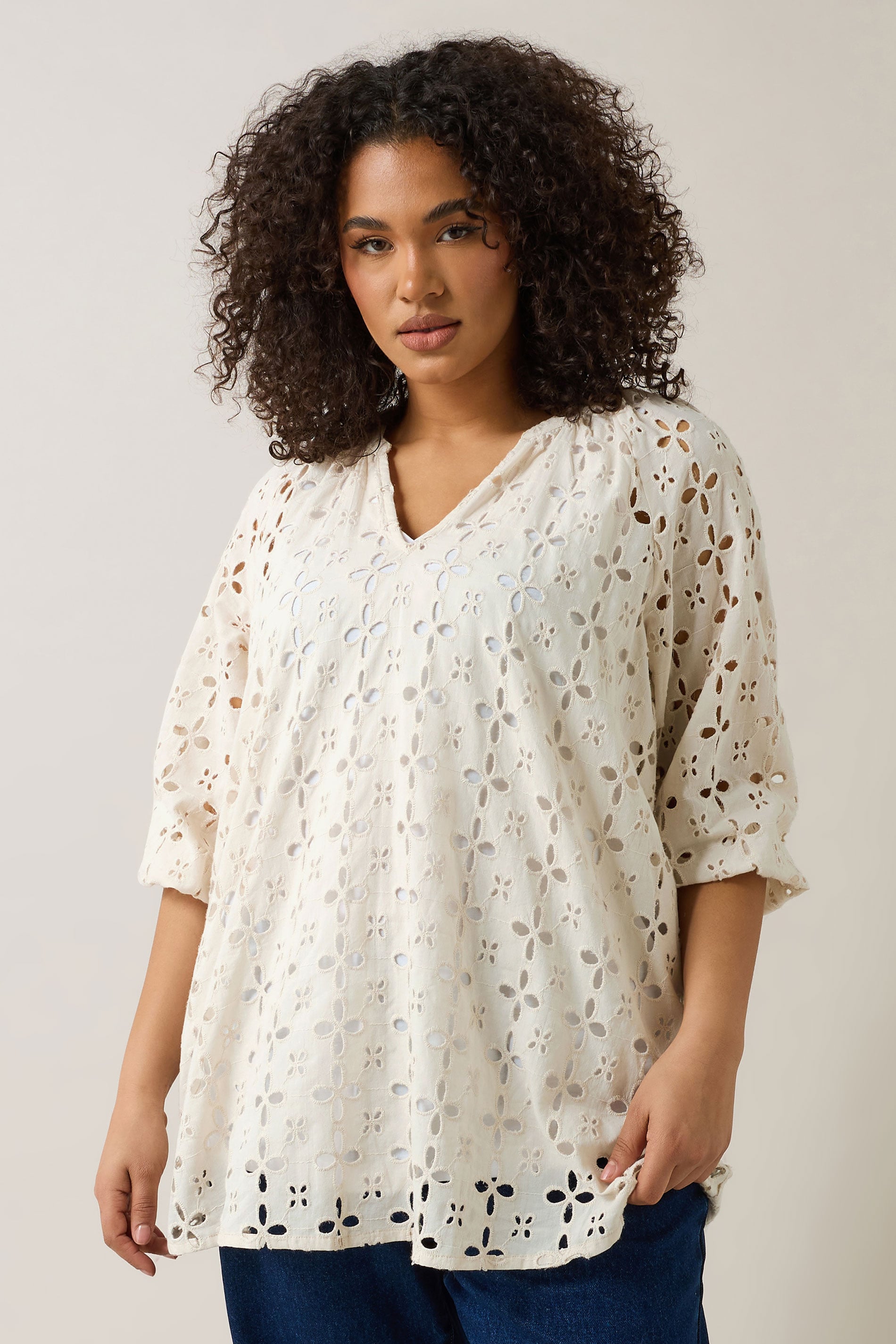 EVANS Plus Size Cream Long Sleeve Broderie Blouse | Evans 1