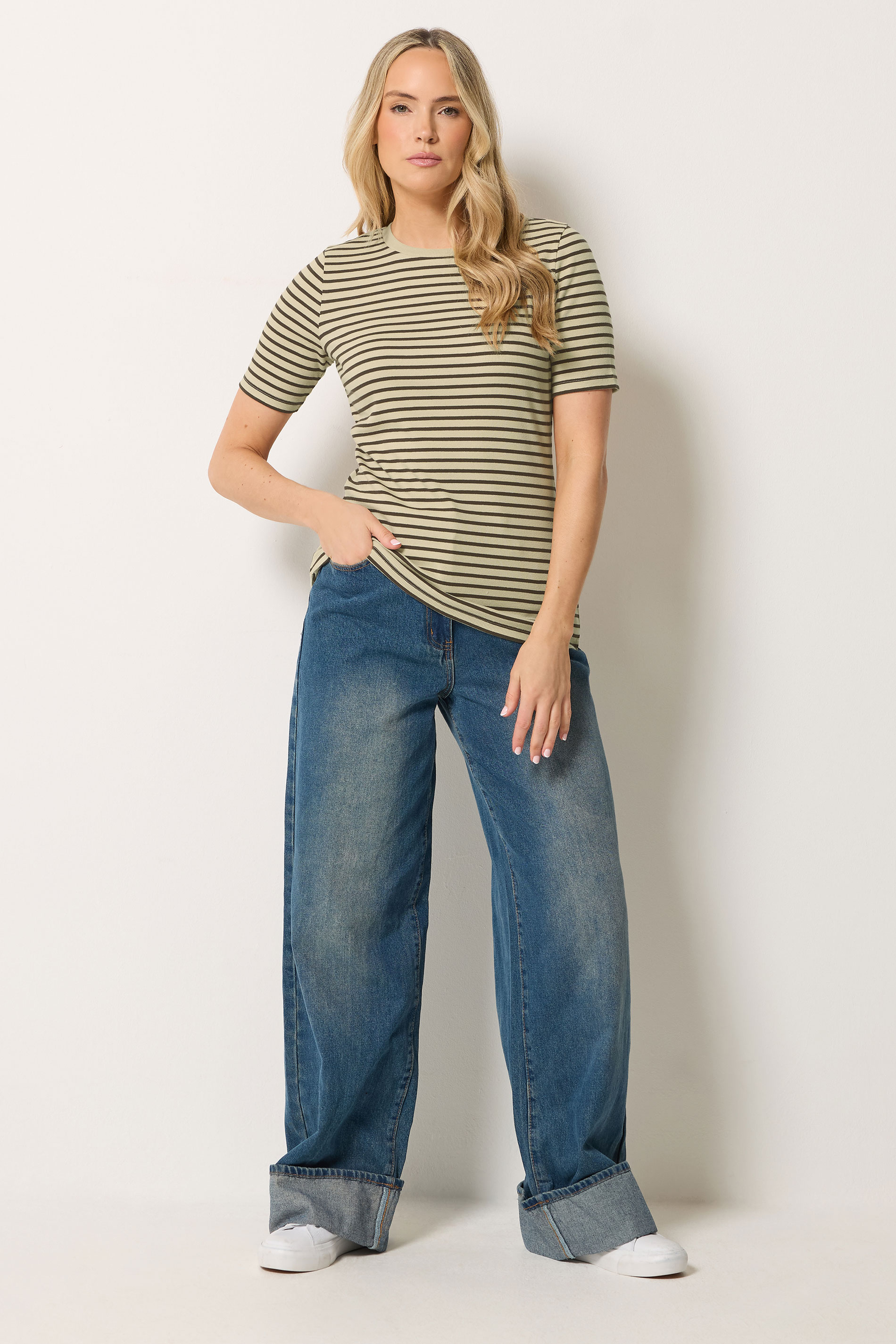 LTS Tall Women's Chocolate Brown Stripe Cotton Ribbed T-Shirt | Long Tall Sally 1
