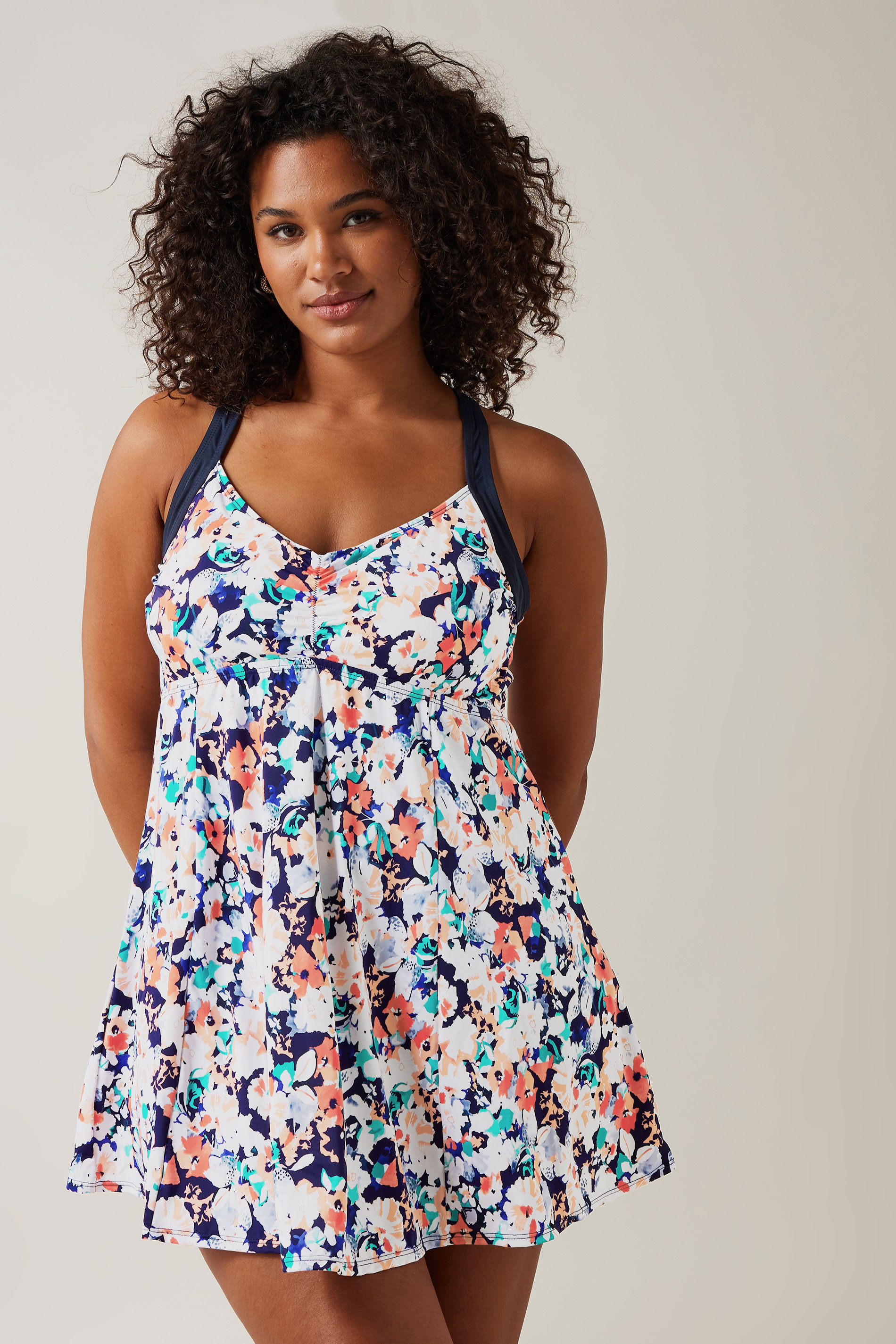 Evans Blue & Orange Floral Print Swim Dress | Evans