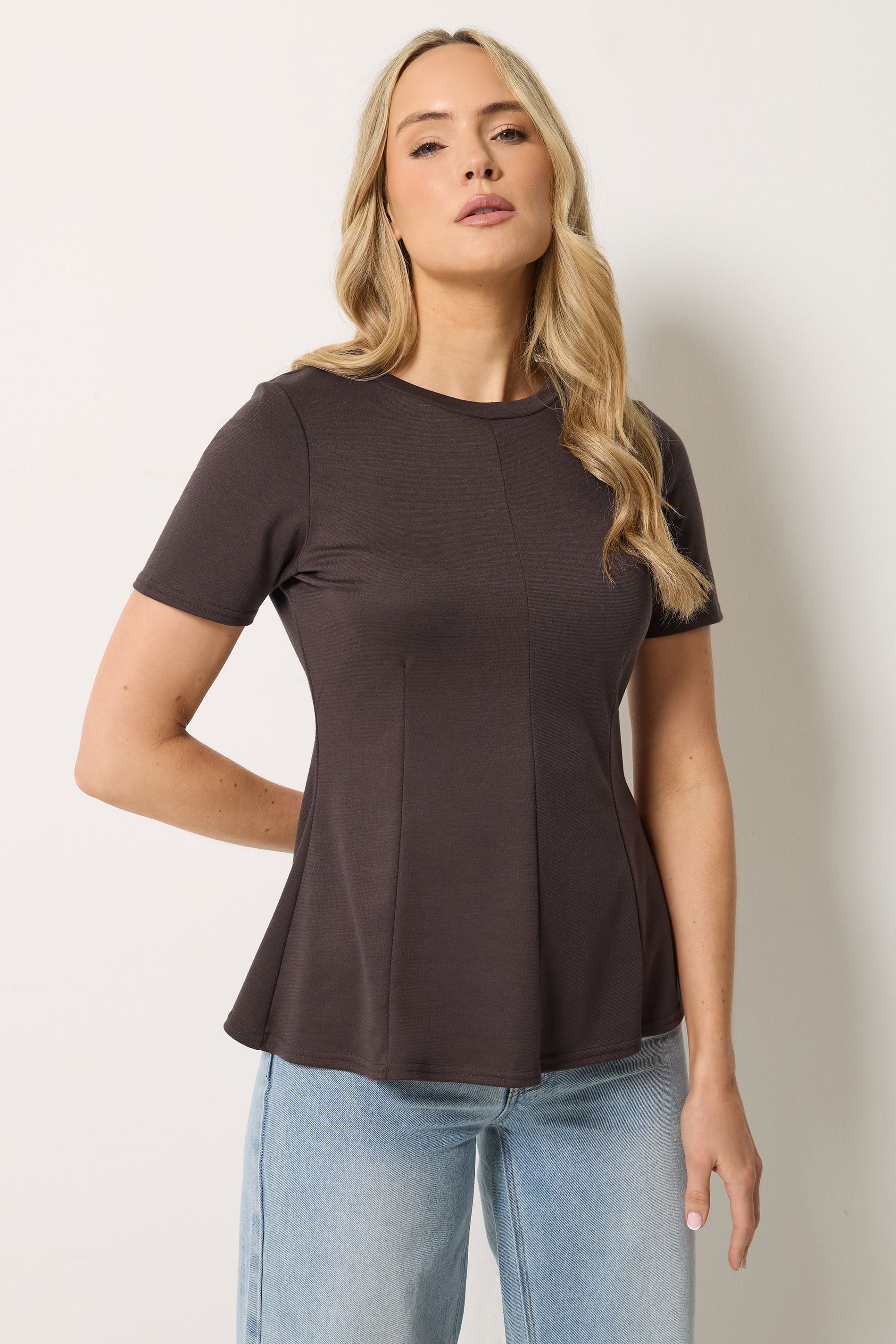 LTS Tall Women's Chocolate Brown Seam Front Peplum Top | Long Tall Sally 3