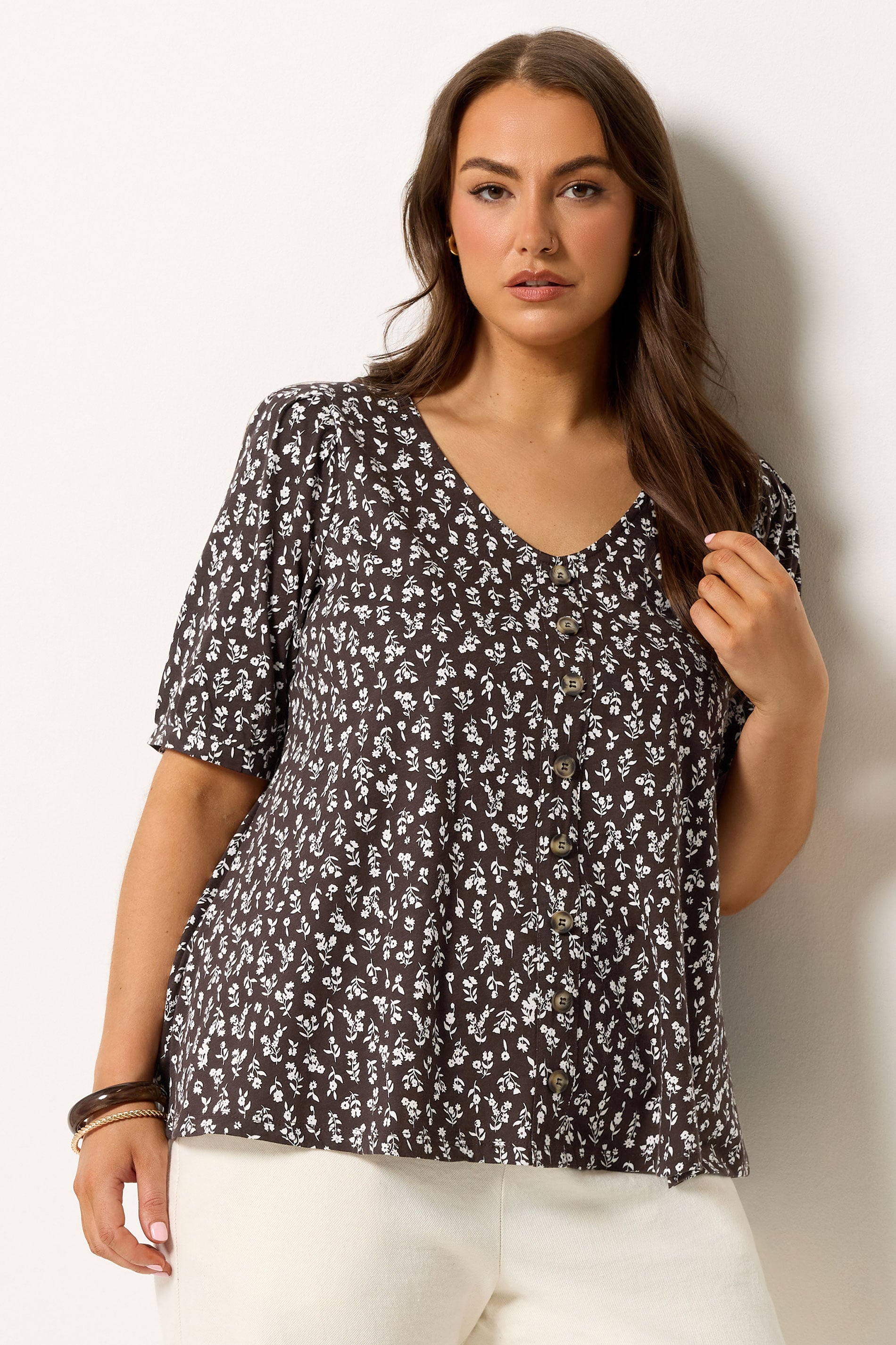 YOURS Plus Size Chocolate Brown Floral Button Front Top | Yours Clothing 3