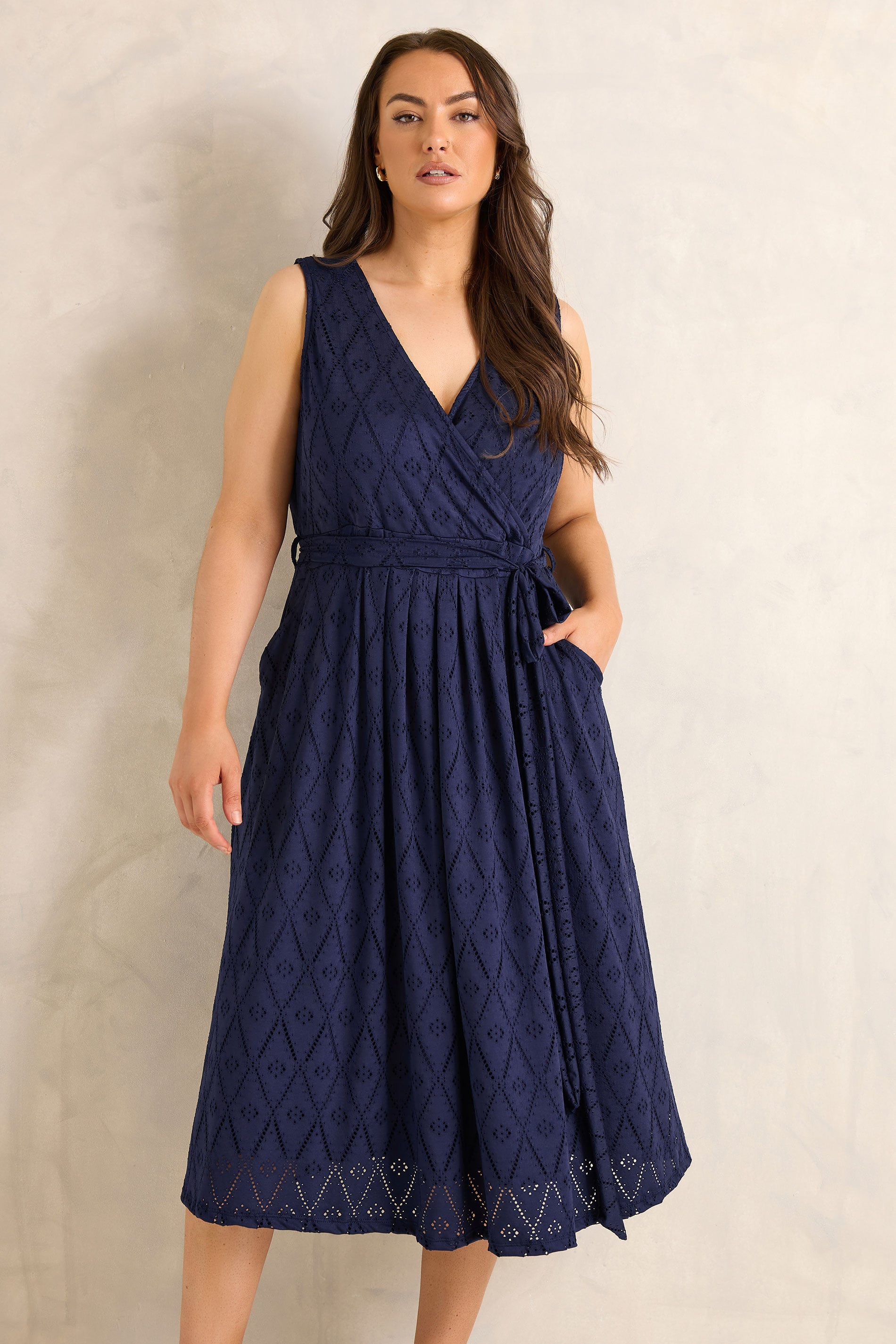Evans Women's Blue Plus Navy Broderie Wrap Midi Dress Size 22-24