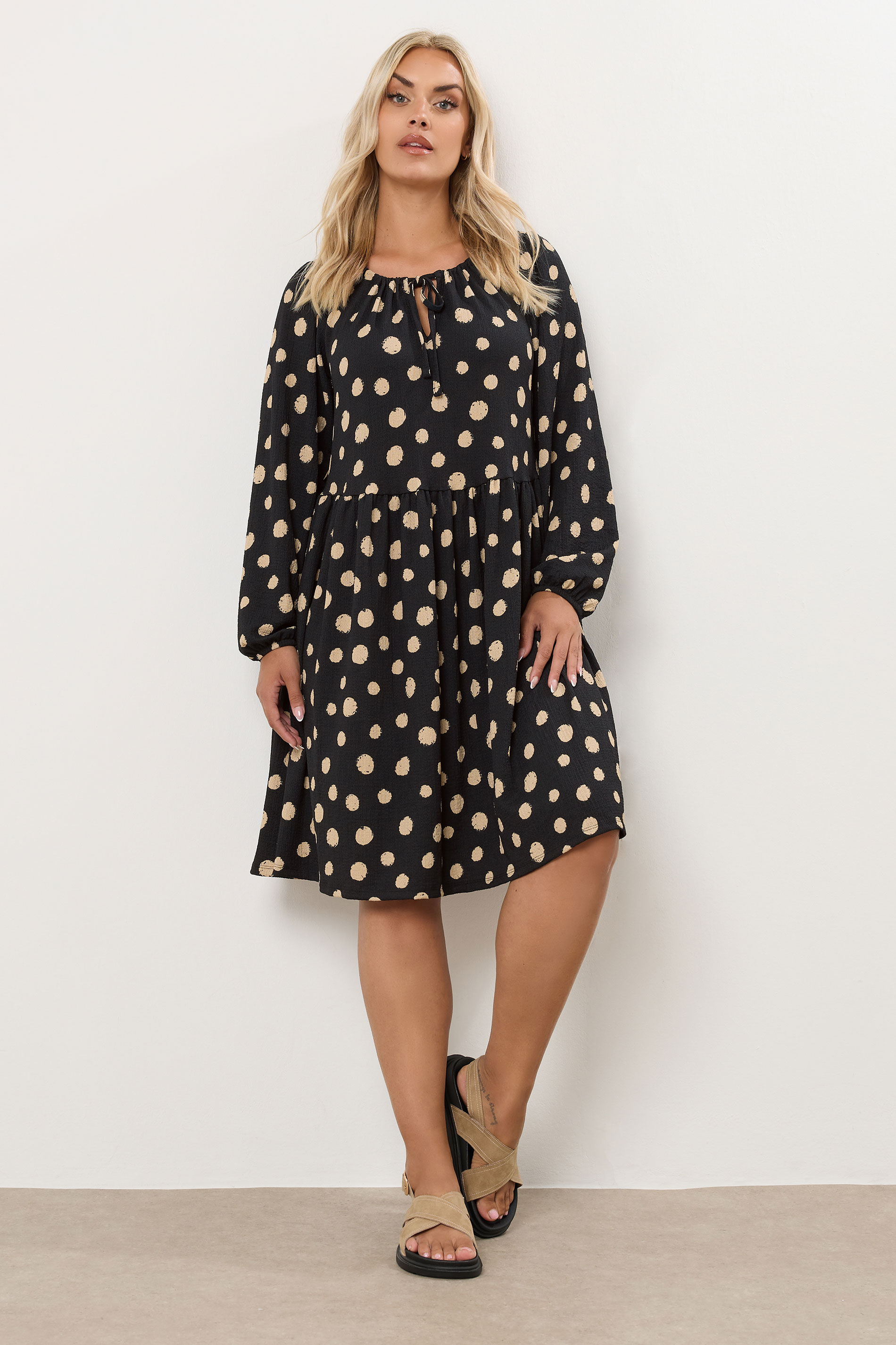 YOURS Plus Size Black Dot Print Tie Neck Dress | Yours Clothing 3