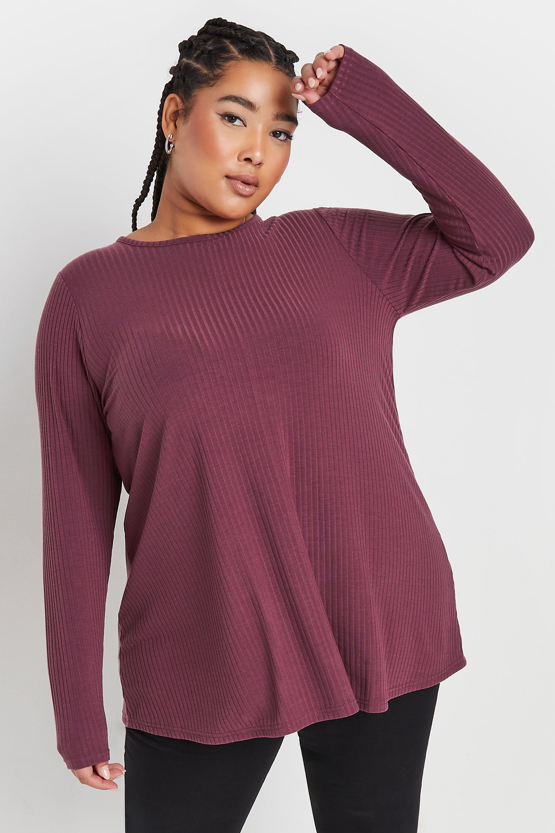YOURS Plus Size Purple Long Sleeve Ribbed Swing Top | Yours Clothing 3