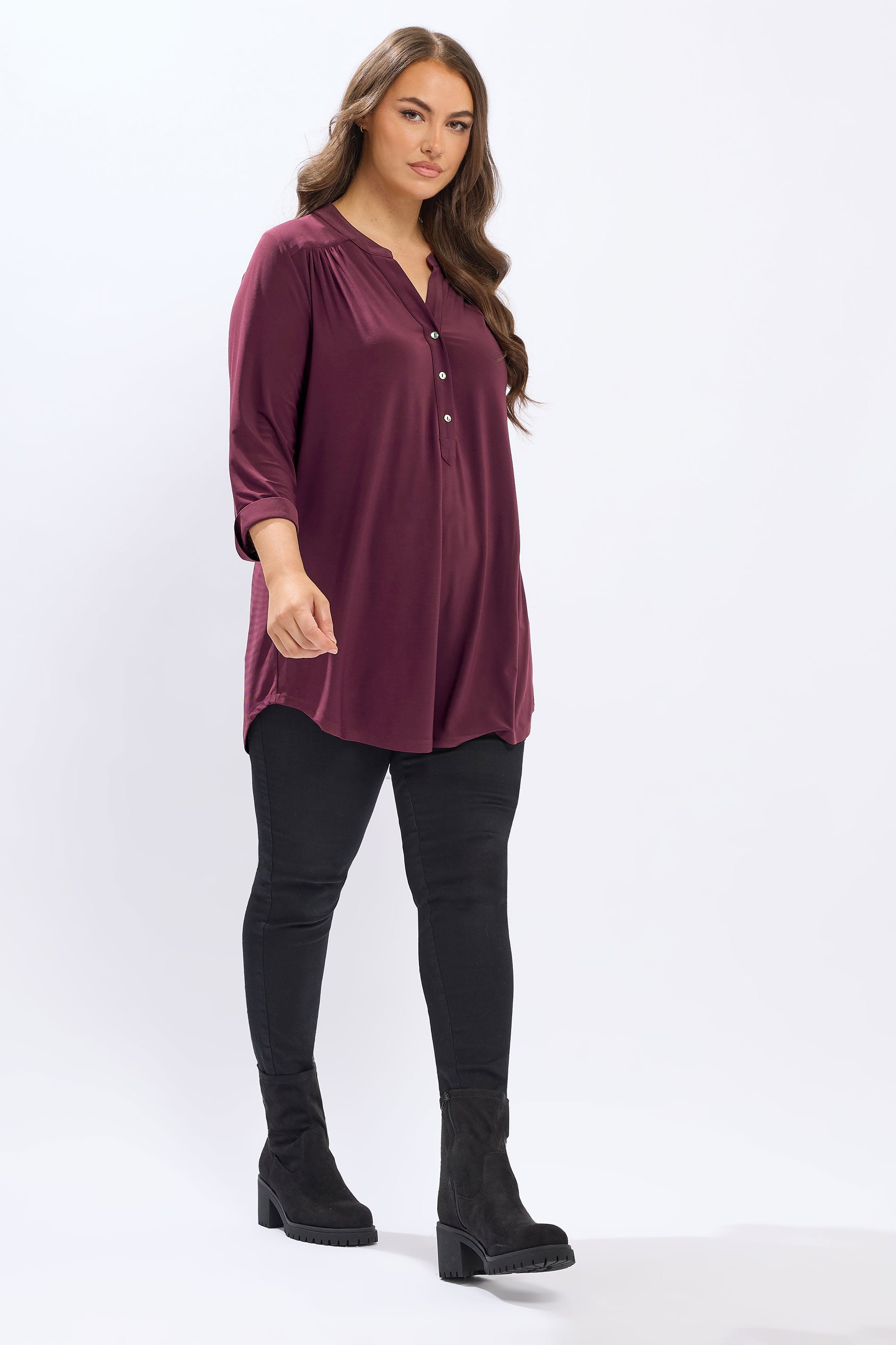 YOURS Plus Size Wine Red Half Placket Shirt | Yours Clothing 1