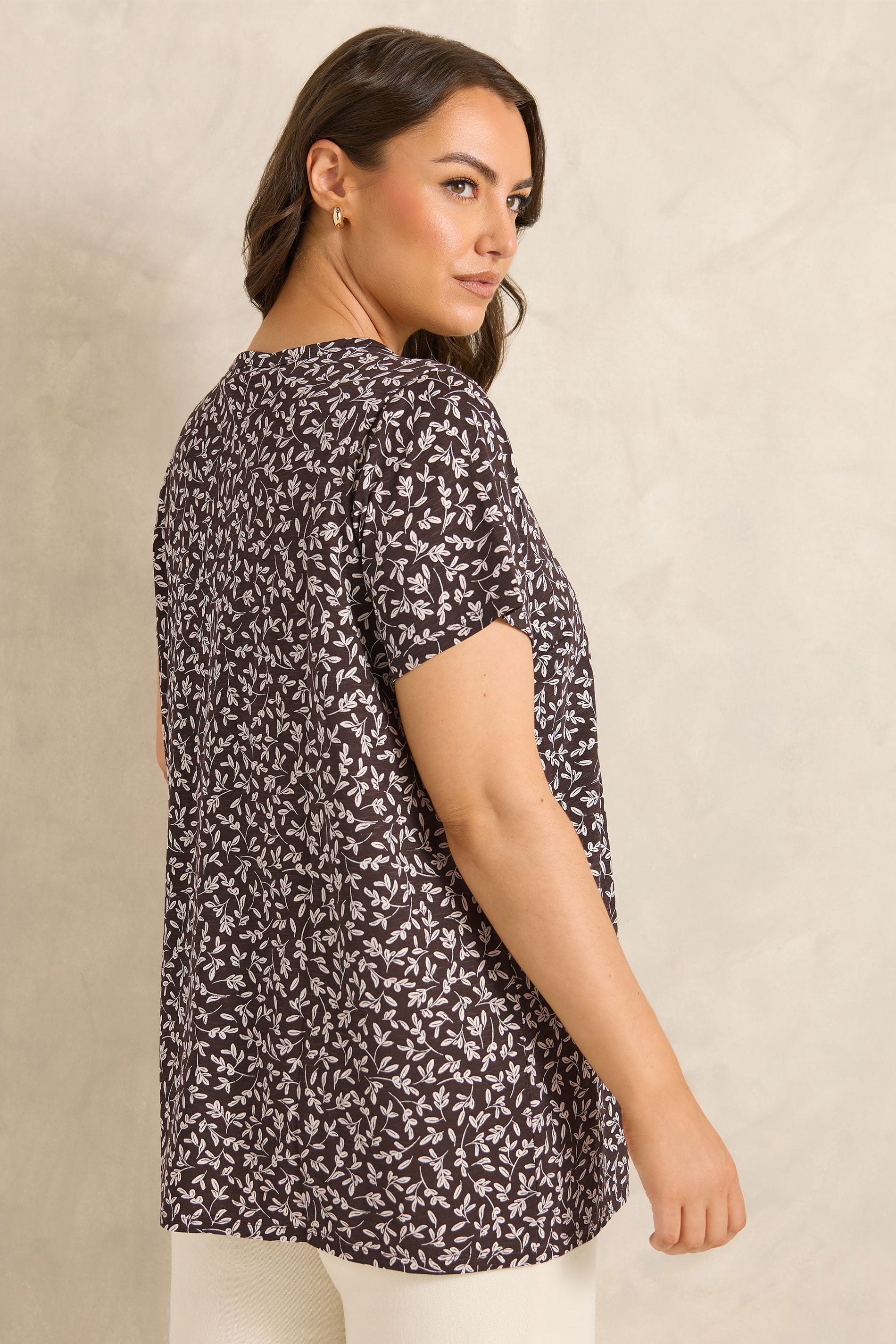 EVANS Plus Size Chocolate Brown Print Cotton Henley Top | Evans 2