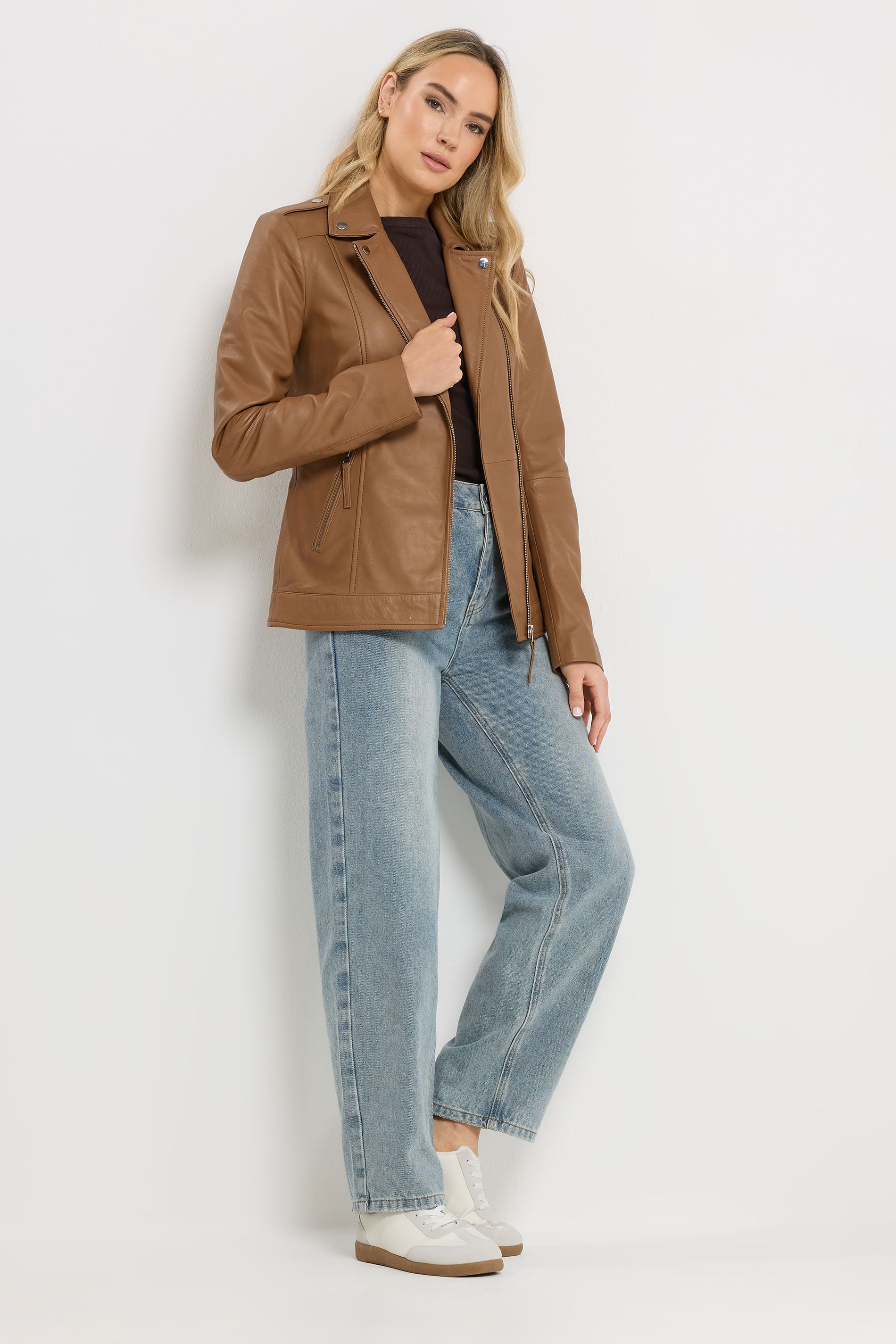 LTS PREMIUM Tall Women's Camel Brown Leather Biker Jacket | Long Tall Sally 2