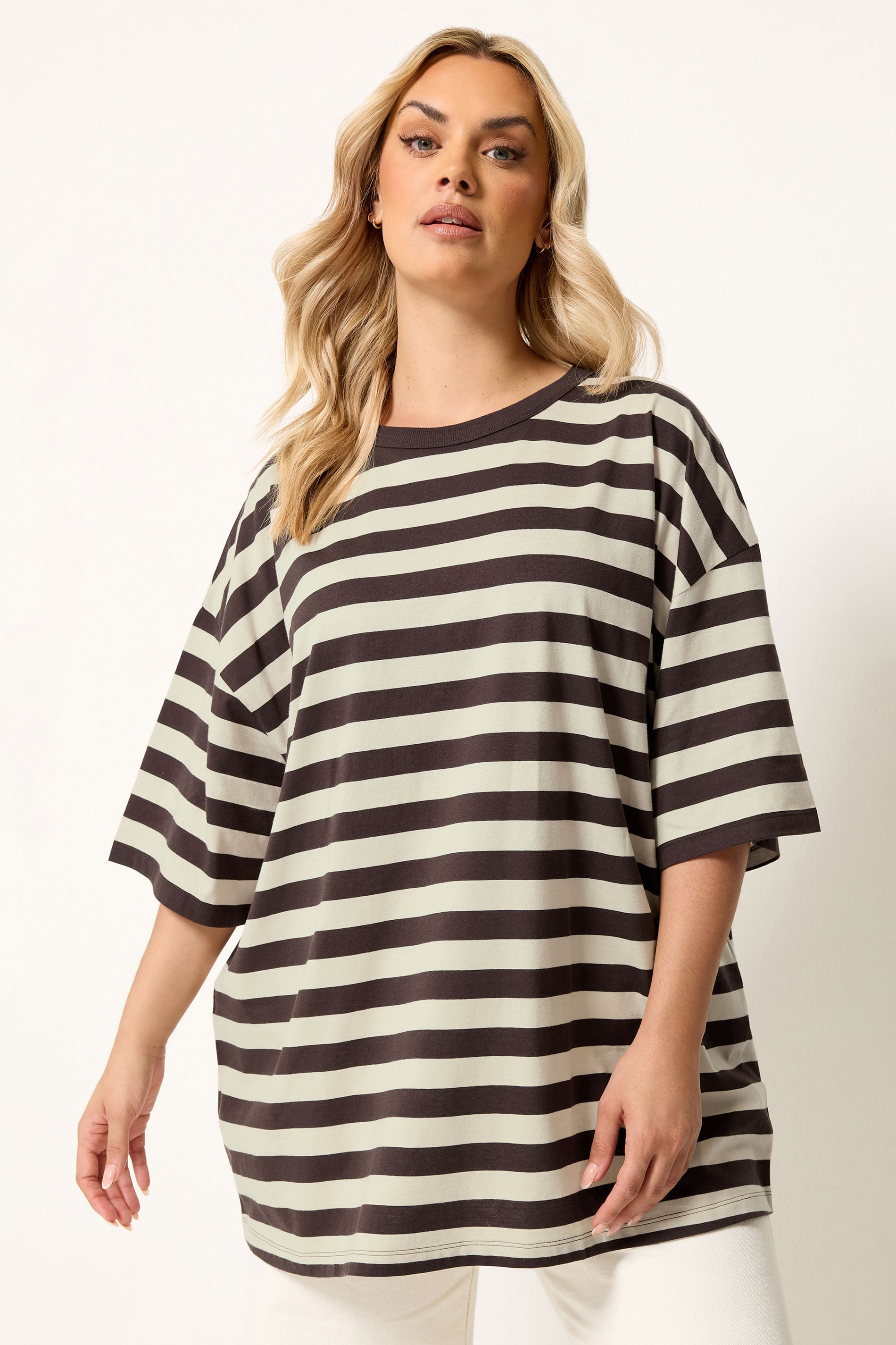 YOURS Plus Size Chocolate Brown & Cream Boxy T-Shirt | Yours Clothing 3