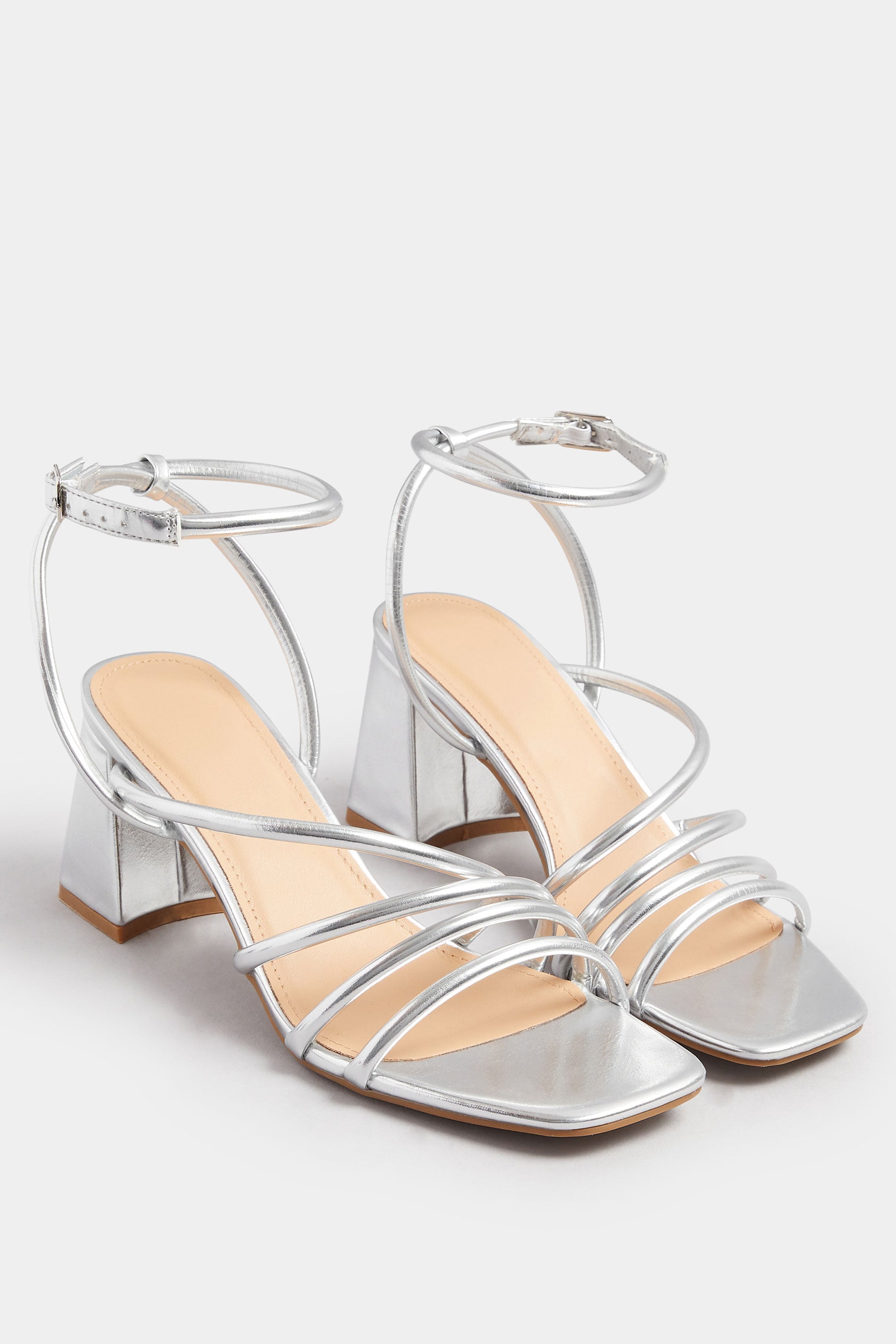 Silver Aysmmetric Strappy Block Heels In Standard Fit | Yours Clothing 1