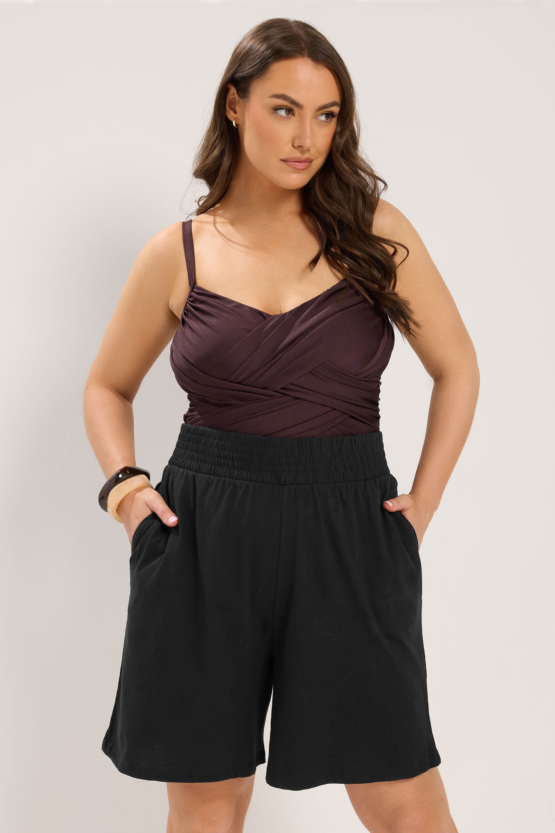 YOURS Plus Size Black Shirred Shorts | Yours Clothing 3