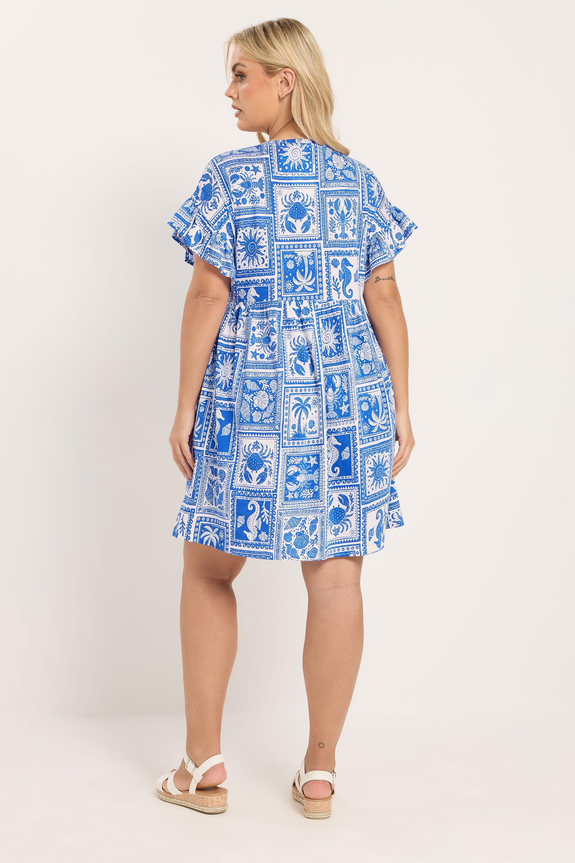 YOURS Plus Size Blue Mixed Shell Frill Sleeve Tunic Dress | Yours Clothing 2