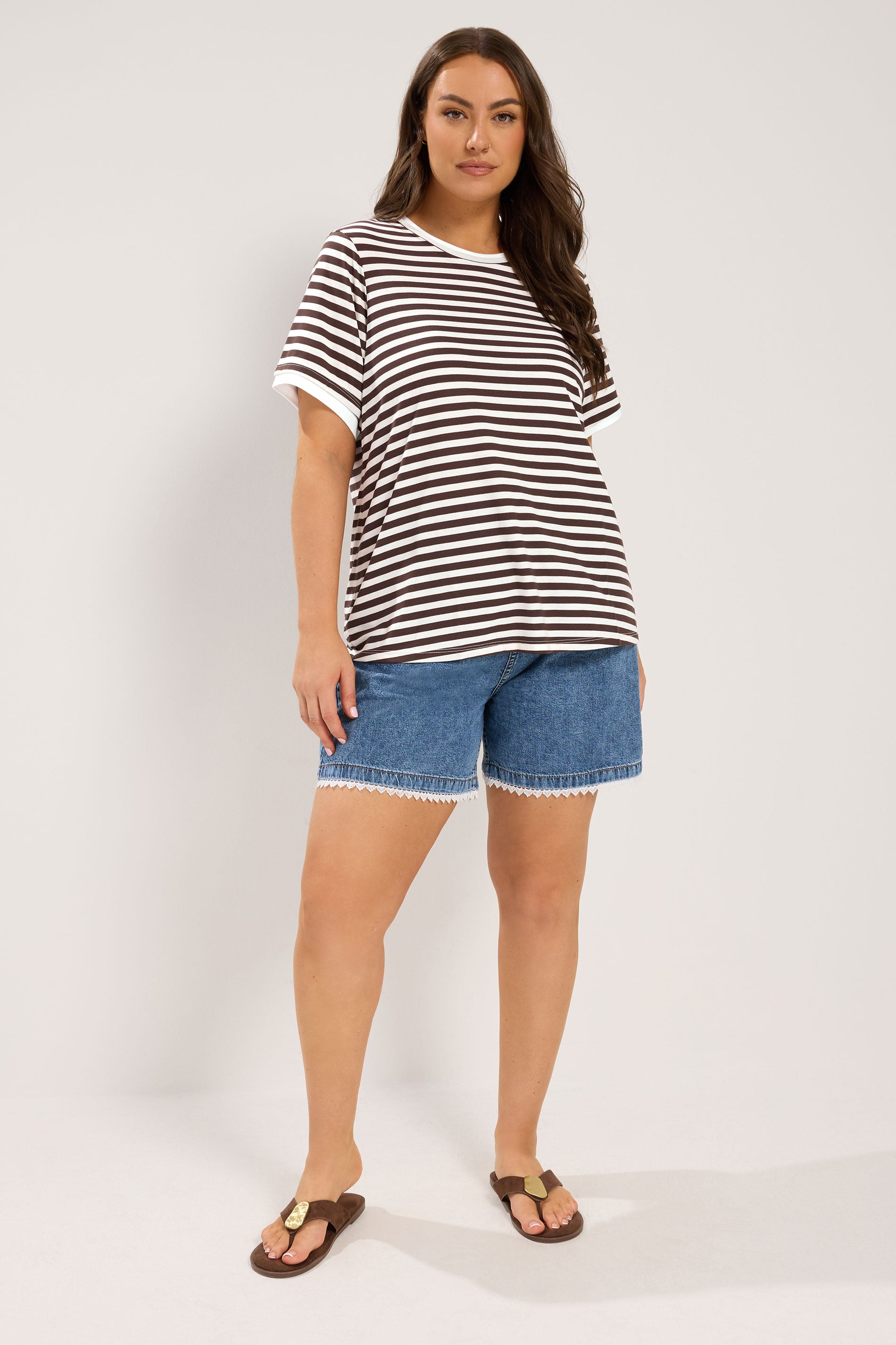 YOURS Plus Size Chocolate Brown Stripe Ringer T-Shirt | Yours Clothing 1