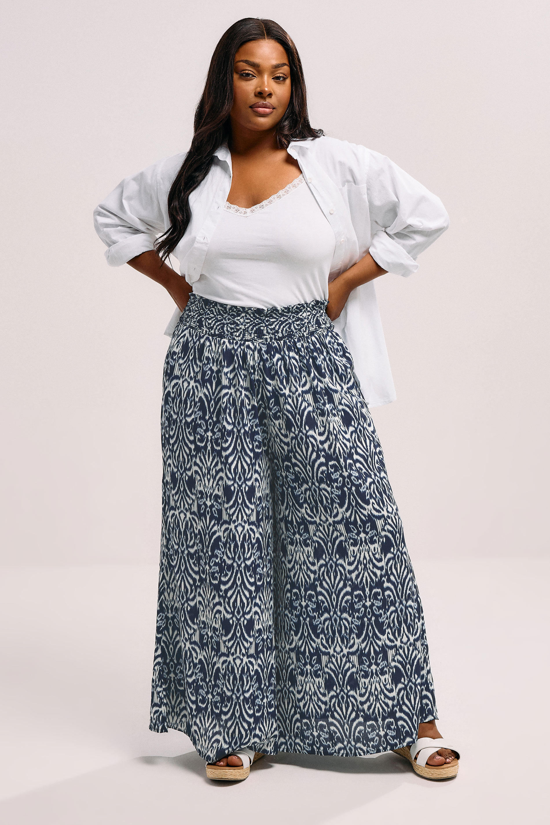 YOURS Plus Size Blue Ikat Shirred Waist Trousers | Yours Clothing 5