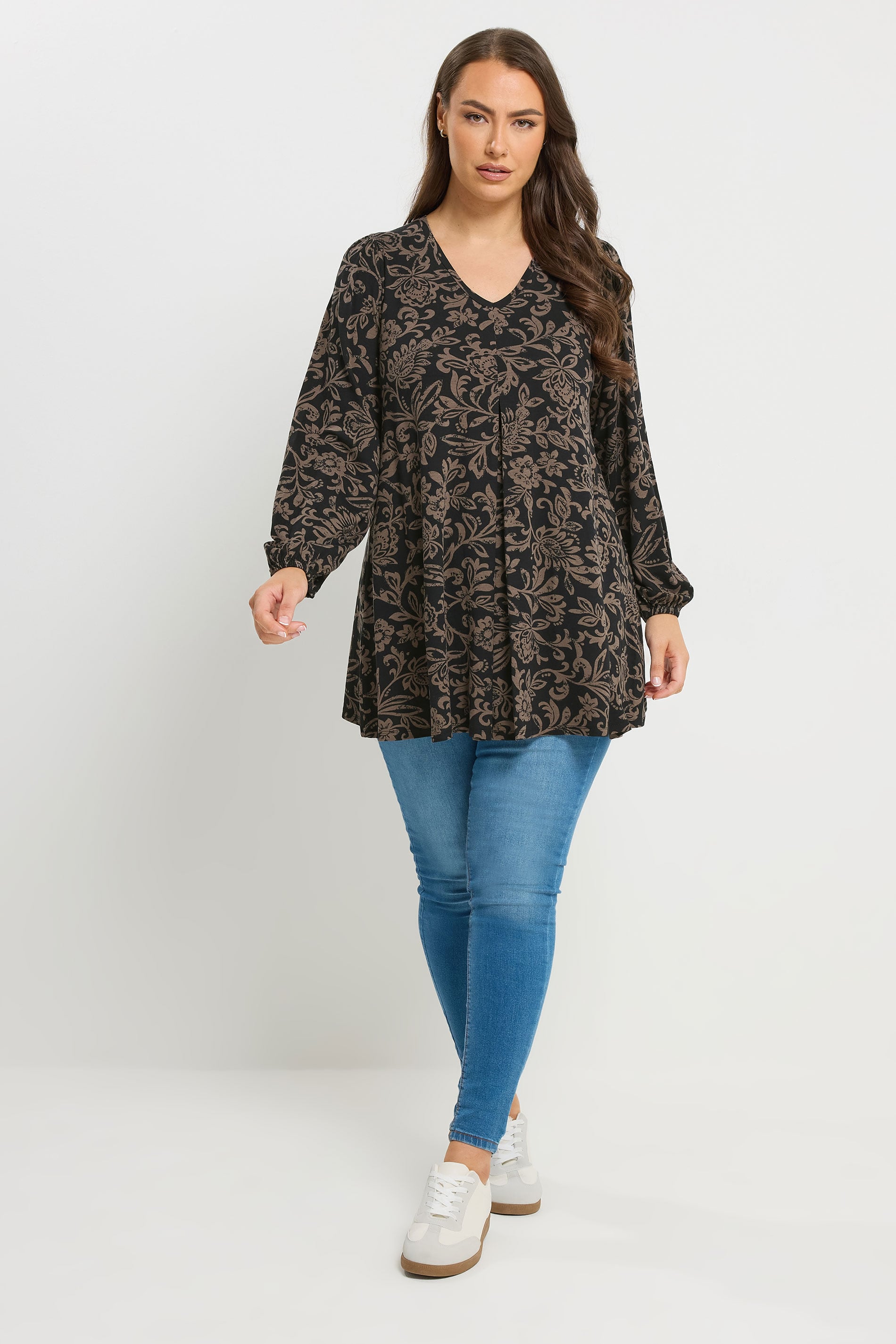 YOURS Plus Size Brown Floral Pleat Front Top | Yours Clothing 1