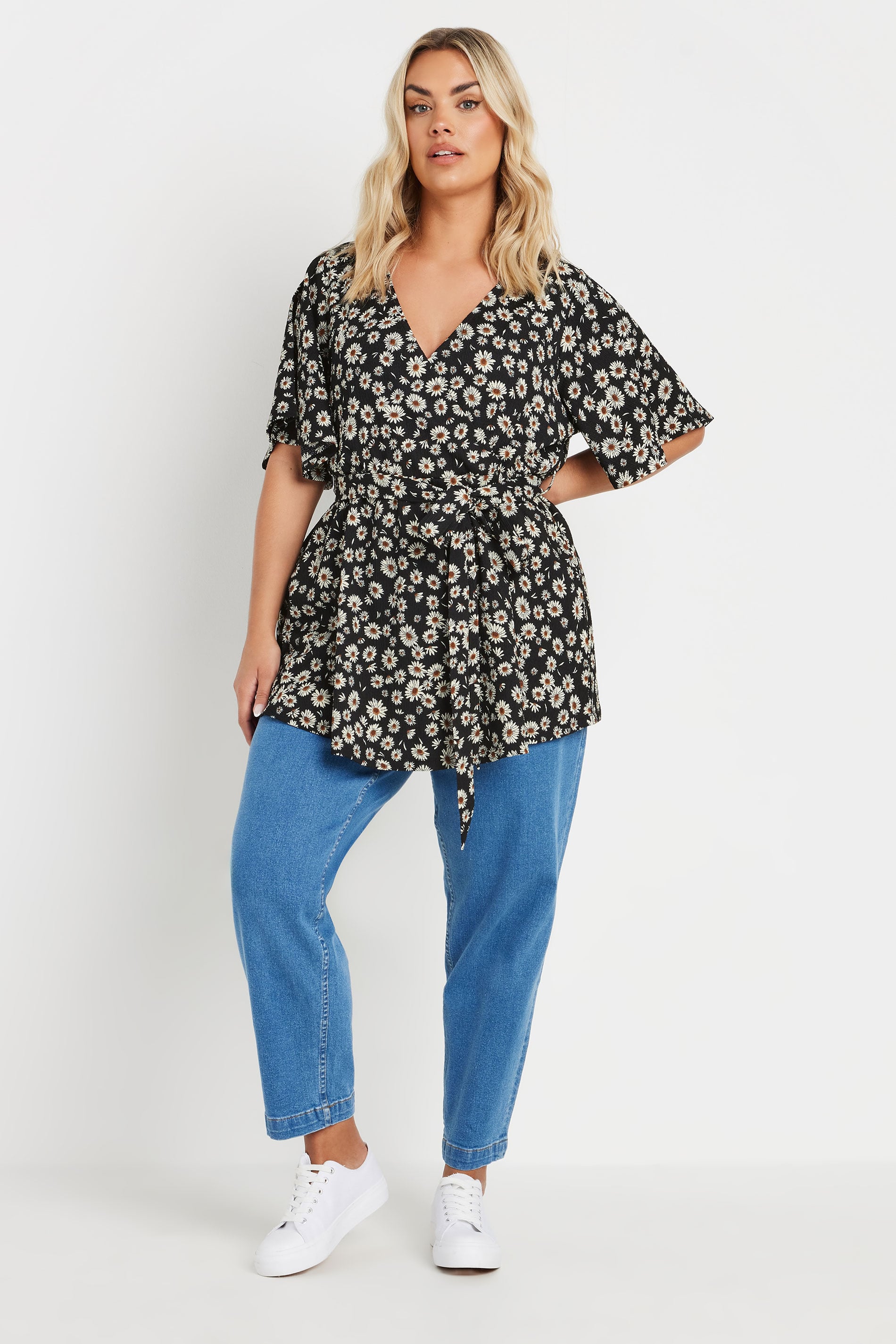 YOURS Plus Size Black Daisy Print Textured Wrap Top | Yours Clothing 2