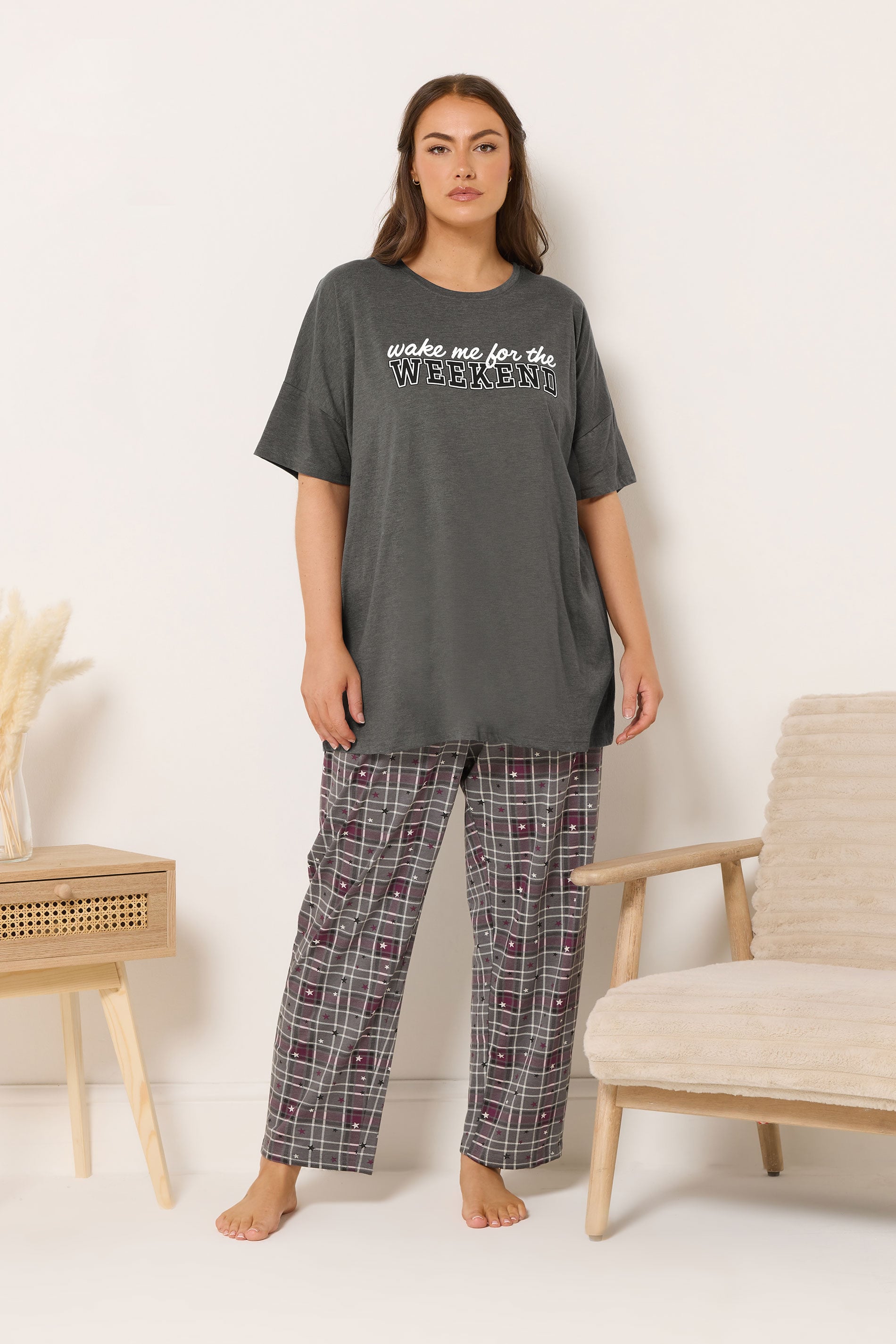YOURS Plus Size Grey 'Wake Me For The Weekend' Slogan Pyjama Top | Yours Clothing 2