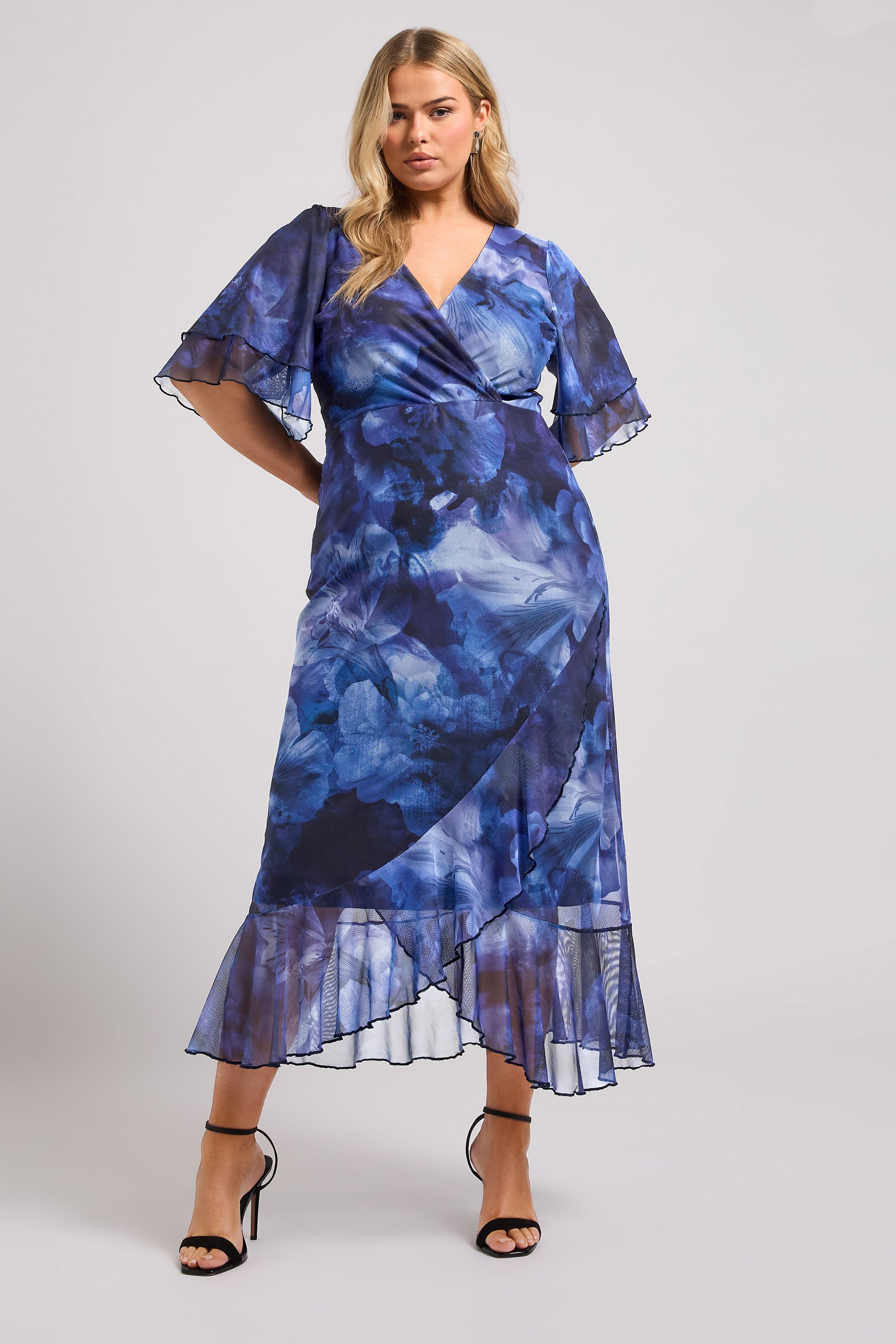 YOURS LONDON Plus Size Blue Blur Floral Print Wrap Dress | Yours Clothing 1