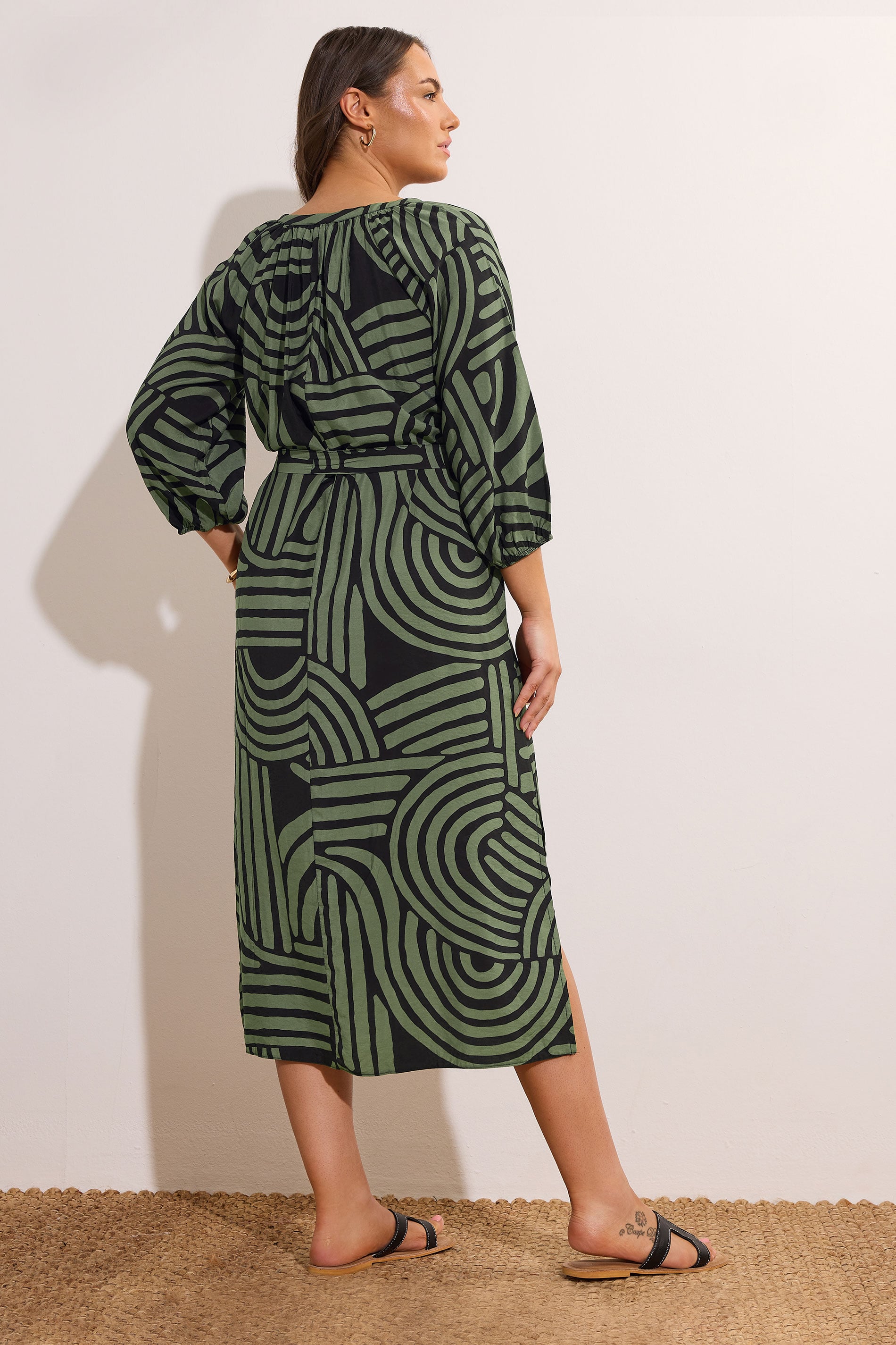 EVANS Plus Size Khaki Green Abstract Print Midi Dress | Evans  2