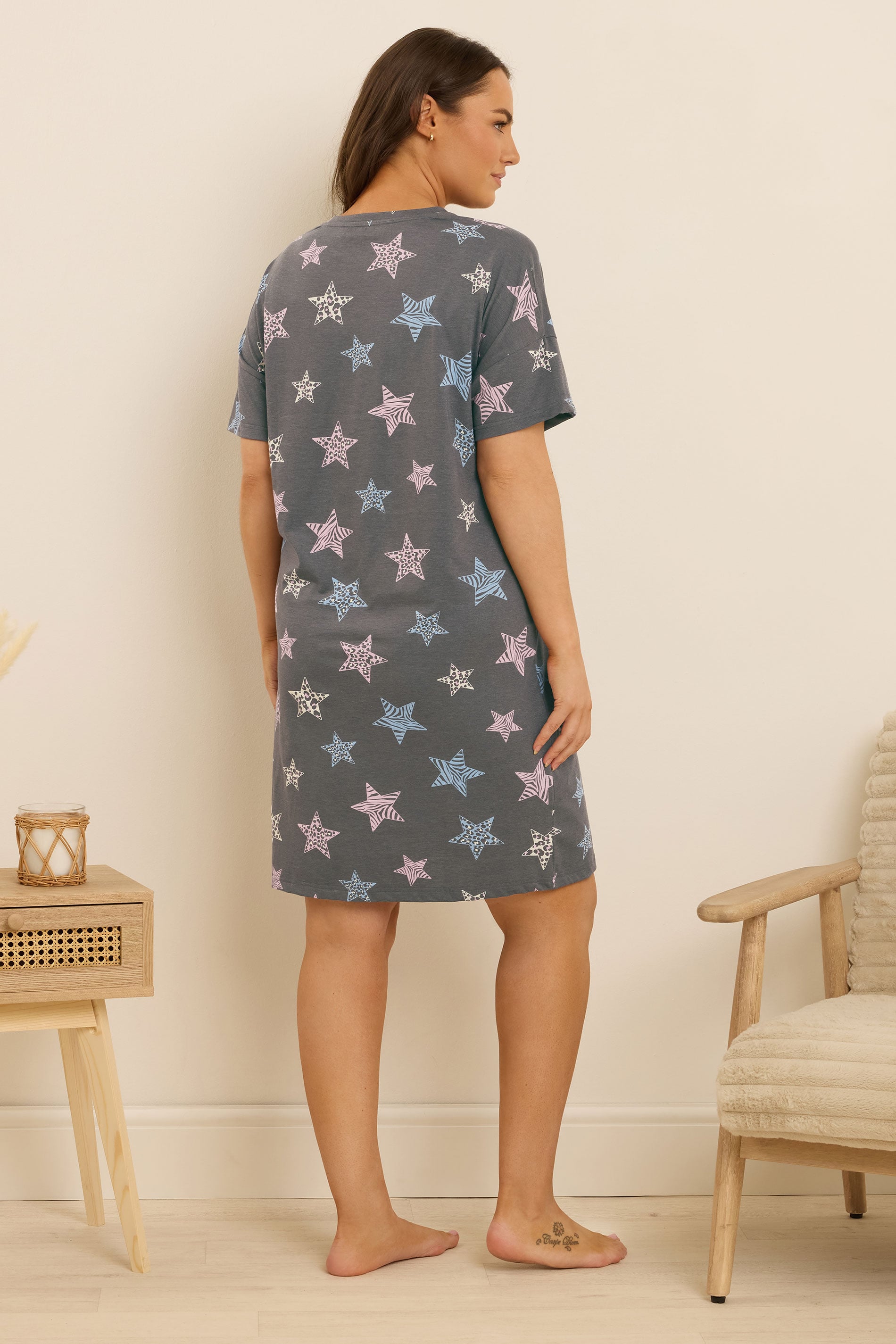 YOURS Plus Size Grey Animal Star Print Sleep Tee Nightdress | Yours Clothing 2