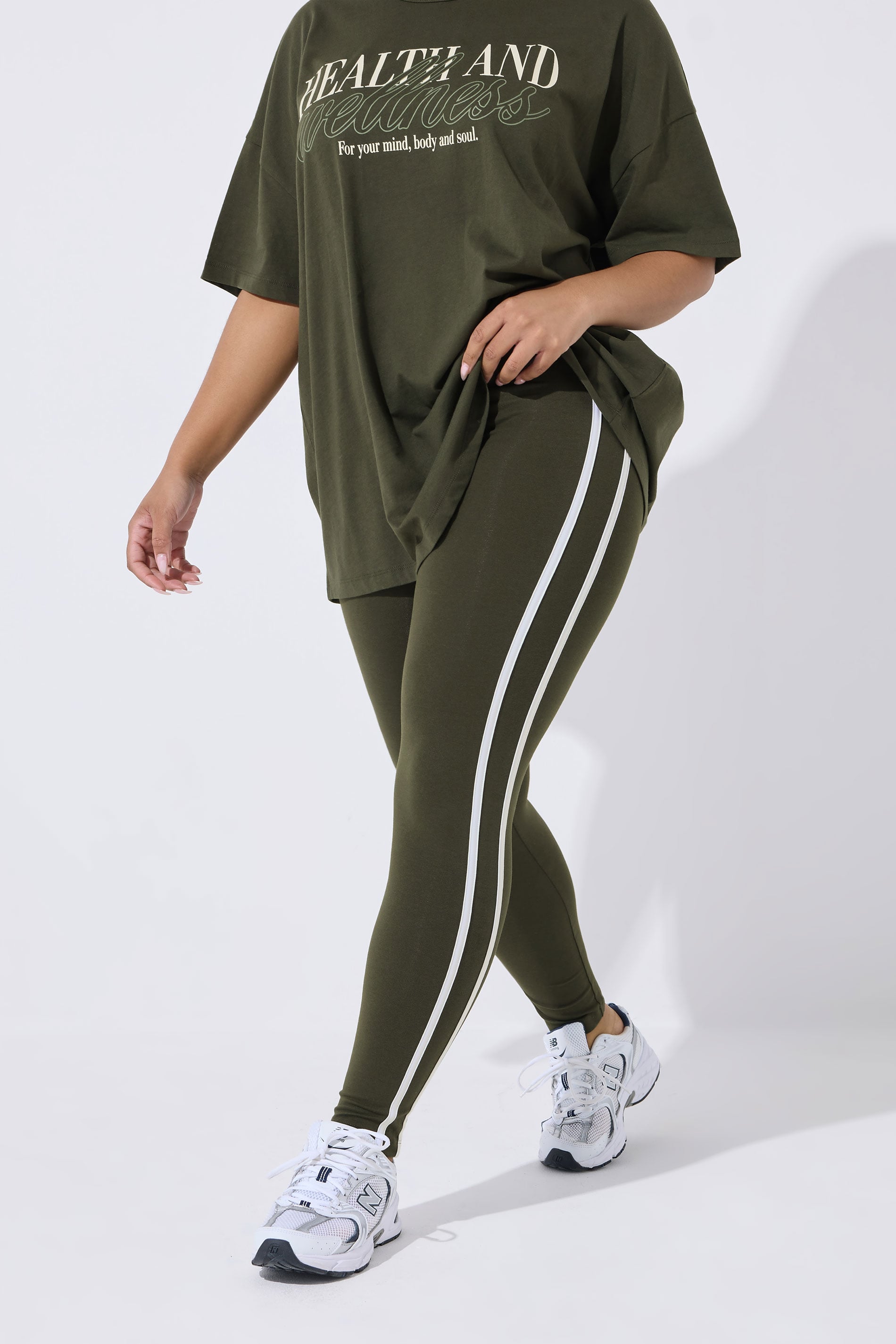 YOURS ACTIVE Plus Size Khaki Green Side Stripe Leggings | Yours Clothing 3