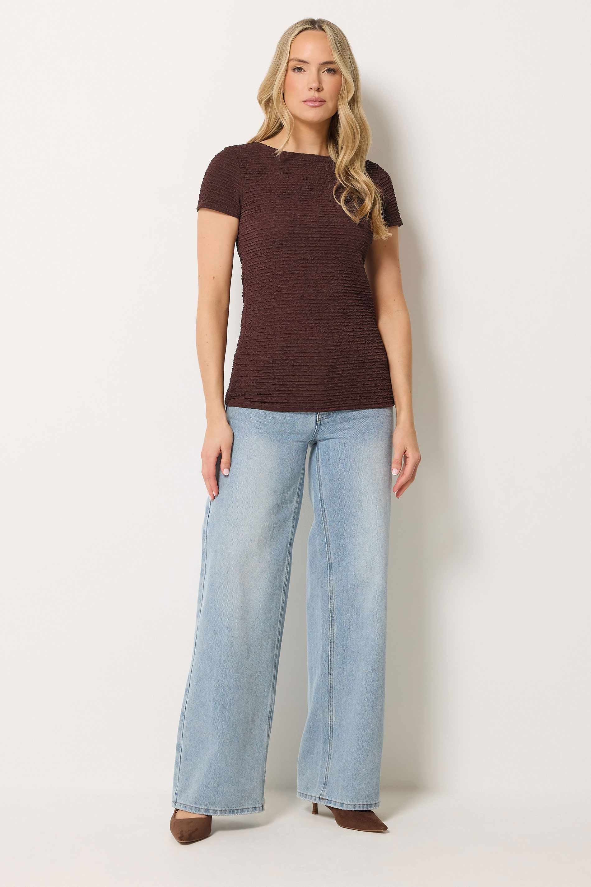 LTS Tall Women's Chocolate Brown Textured Slash Neck Top | Long Tall Sally 1