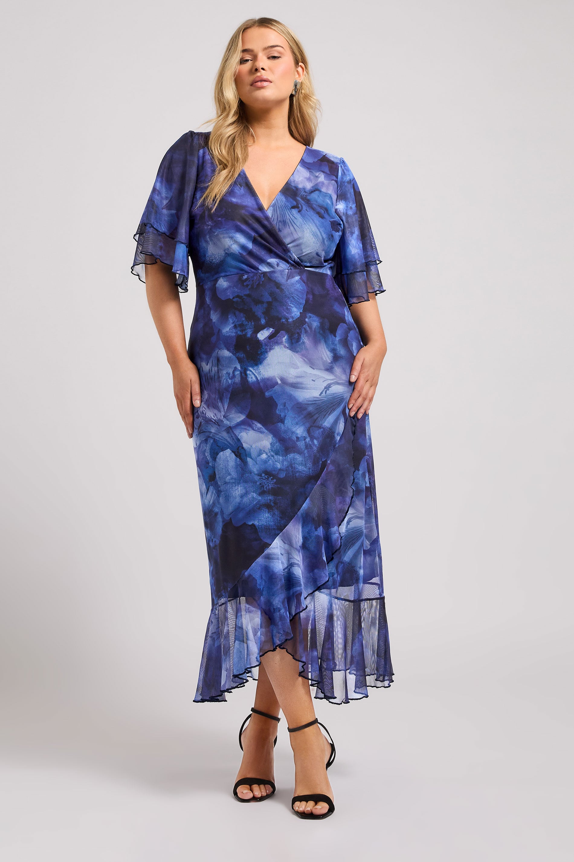 YOURS LONDON Plus Size Blue Blur Floral Print Wrap Dress | Yours Clothing 3