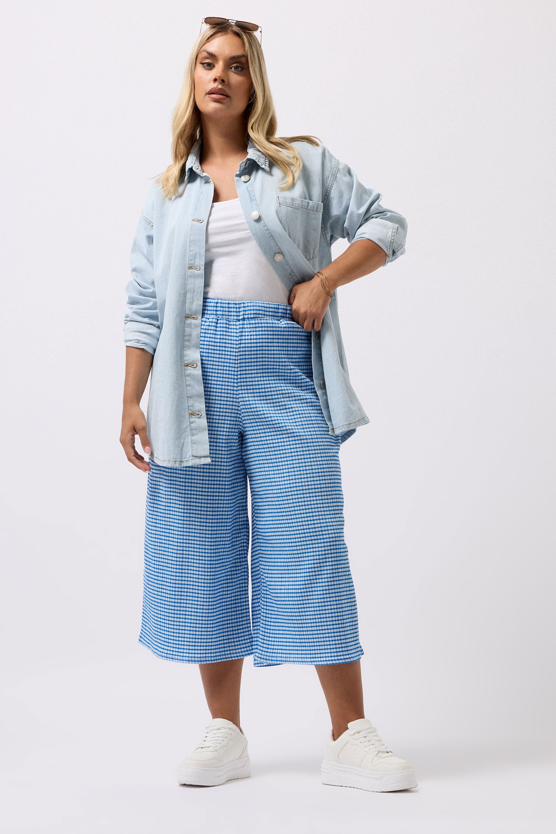 YOURS Plus Size Blue Gingham Textured Midaxi Culottes | Yours Clothing 1
