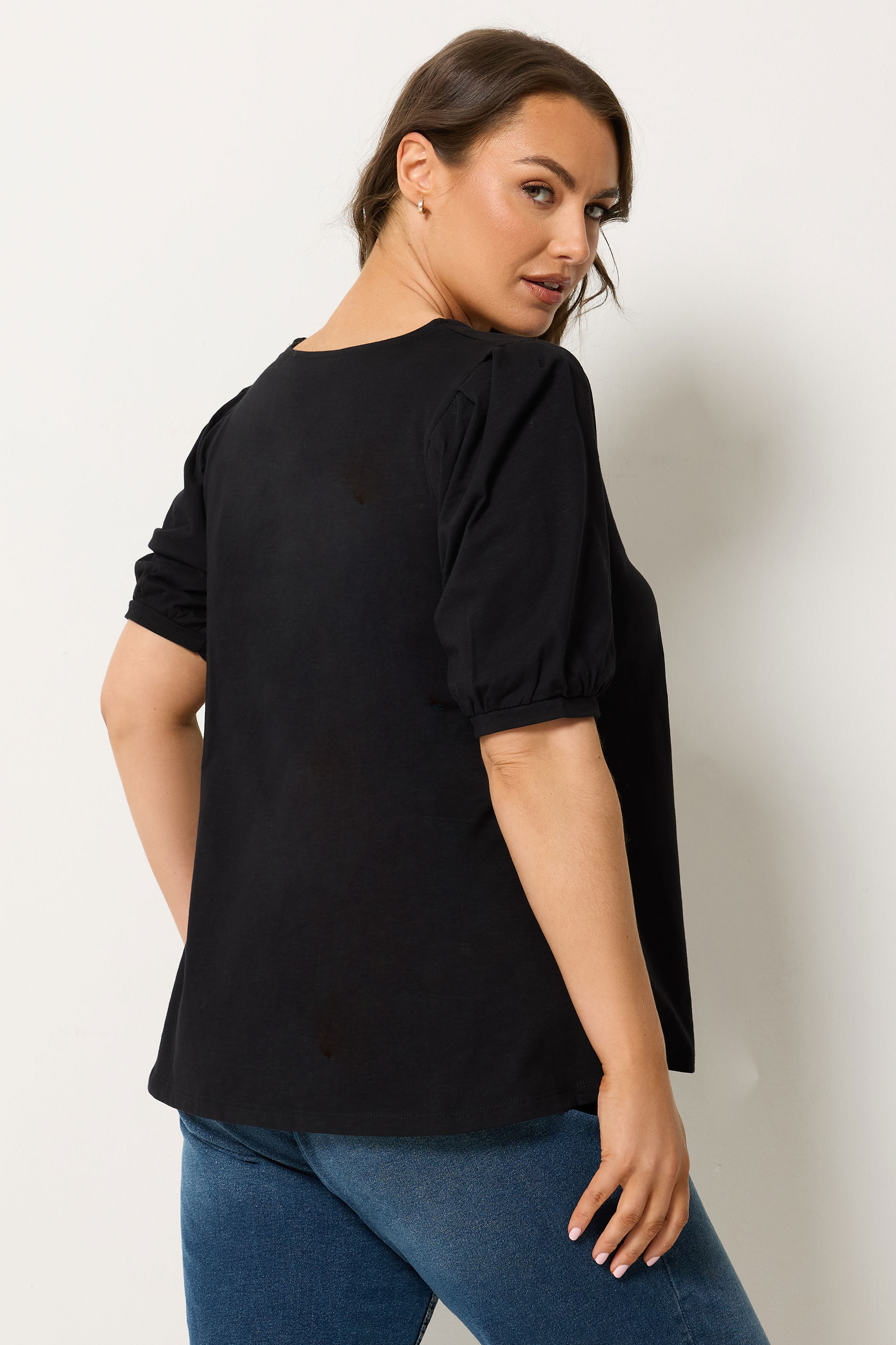 YOURS Plus Size Black Button Front Puff Sleeve Top | Yours Clothing  2